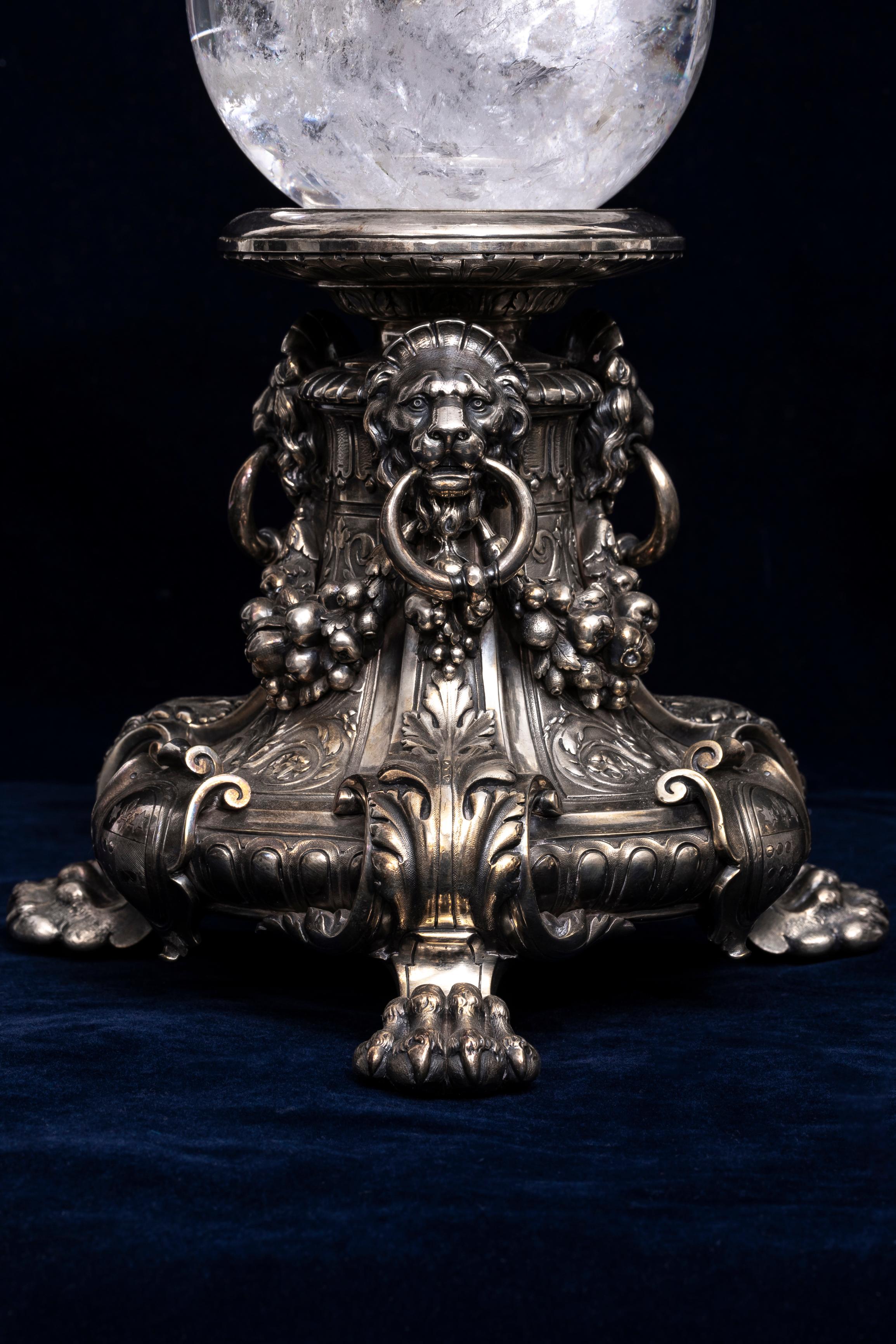 Late 19th Century Pair French Silvered Bronze Lions Mask Plinths w/ Hand-Carved Rock Crystal Orbs For Sale