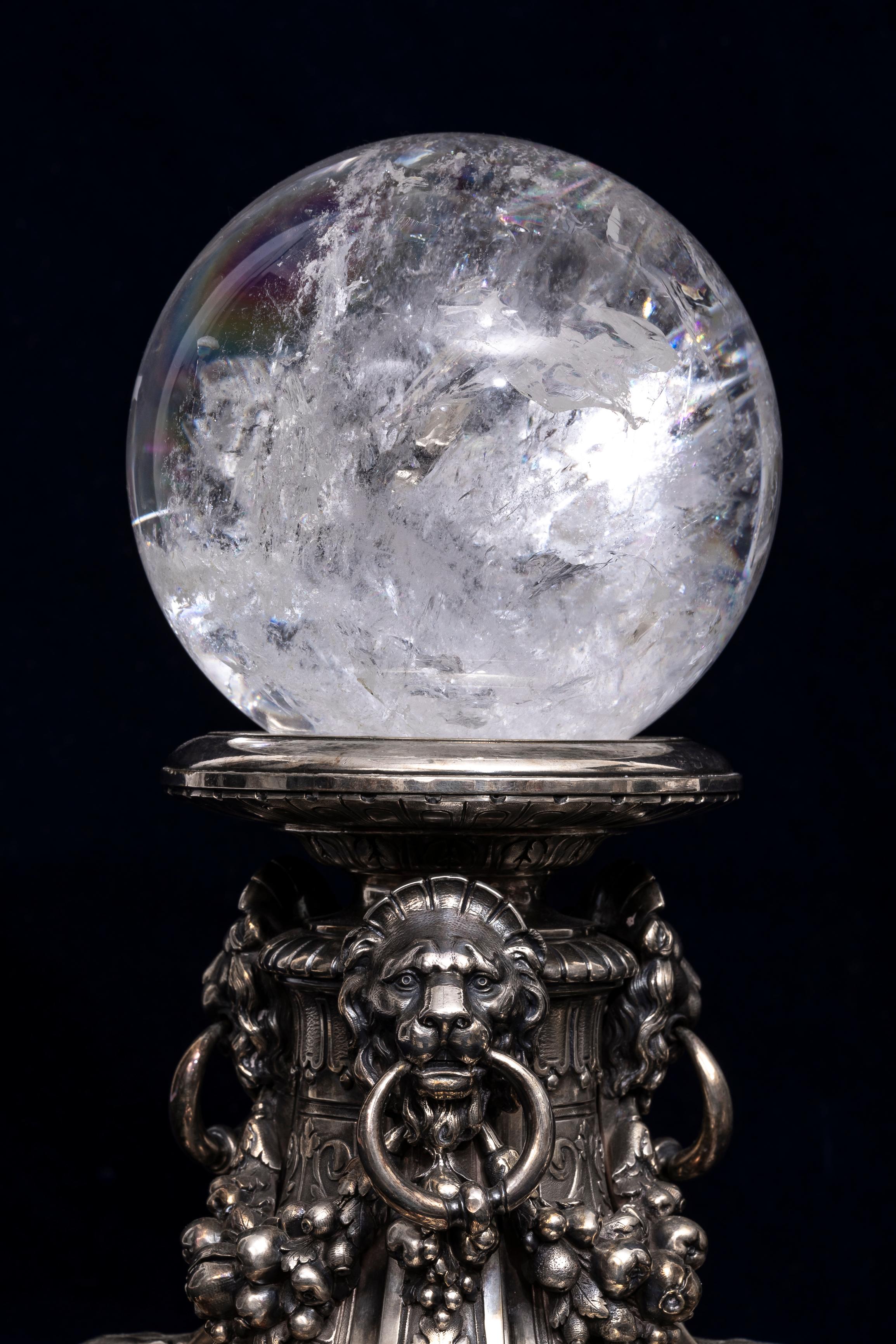 Pair French Silvered Bronze Lions Mask Plinths w/ Hand-Carved Rock Crystal Orbs For Sale 1