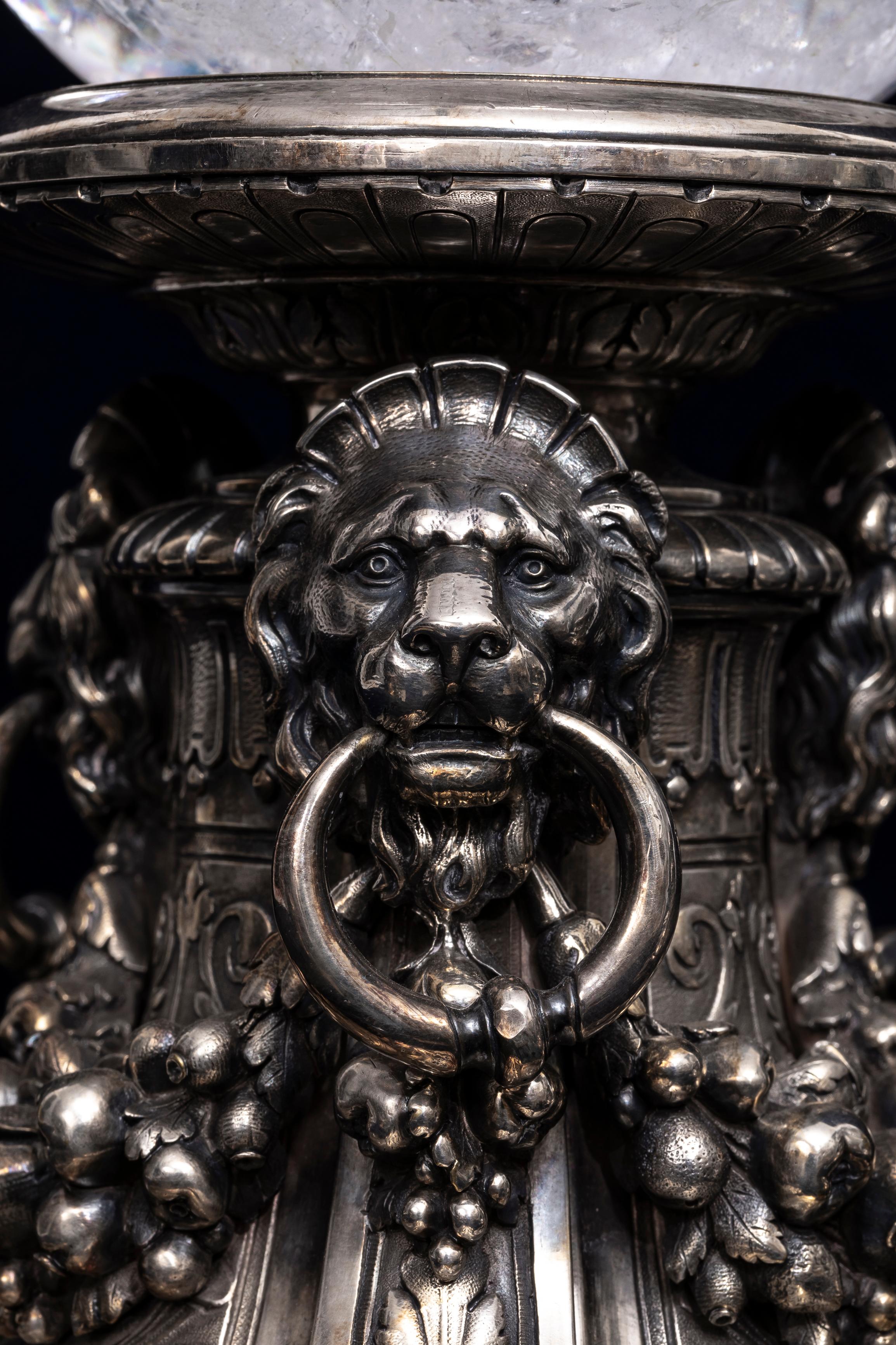 Pair French Silvered Bronze Lions Mask Plinths w/ Hand-Carved Rock Crystal Orbs For Sale 2