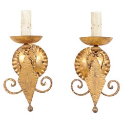 Pair of French Single-Light Gold Iron Sconces in Cheerful, Whimsical Design