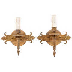 Pair of French Single Light Sconces with Fleur de Lis Accents Textured Gold Iron