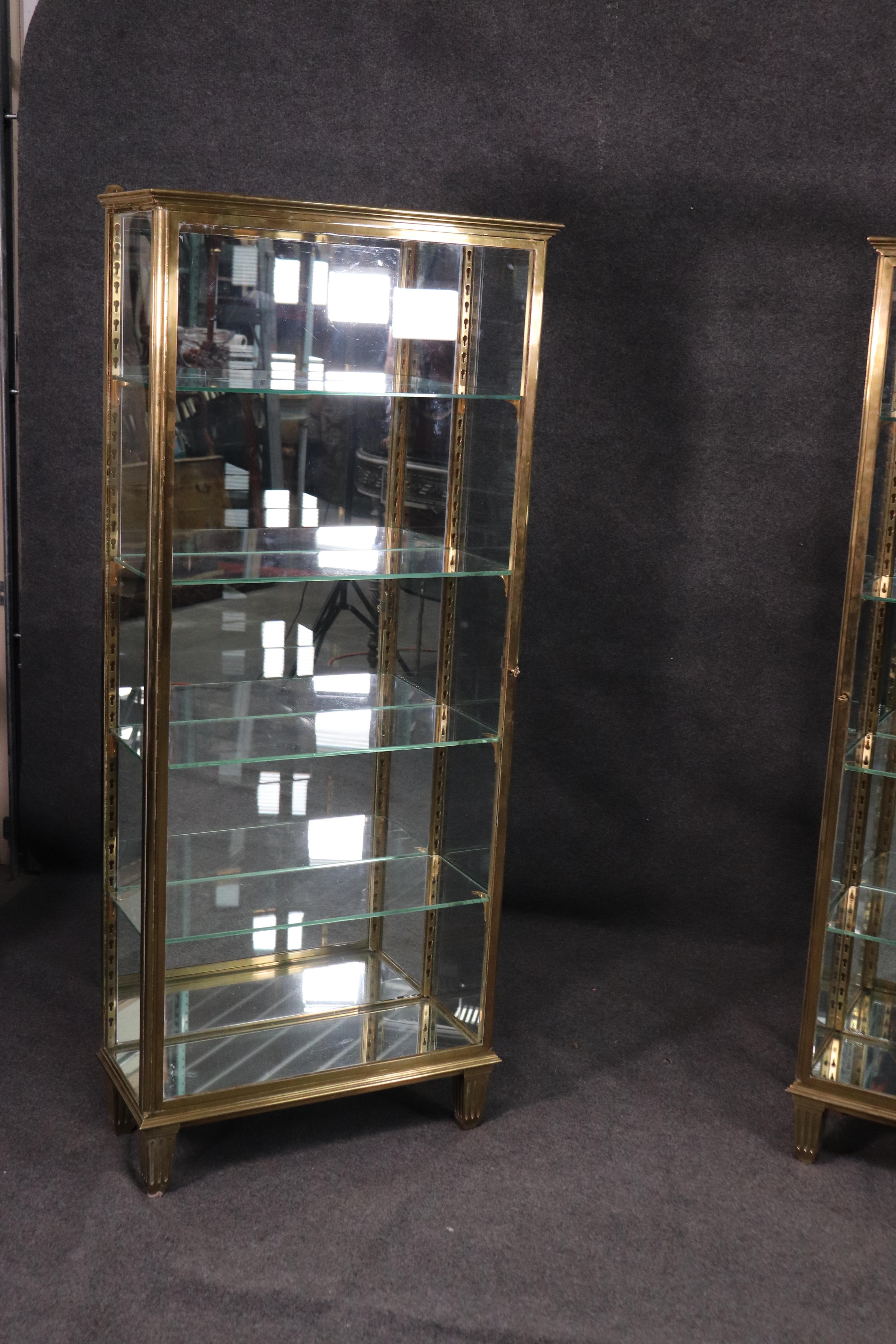 French Pair of Solid Brass Directoire Style Vitrines China Display Cabinets circa 1940s