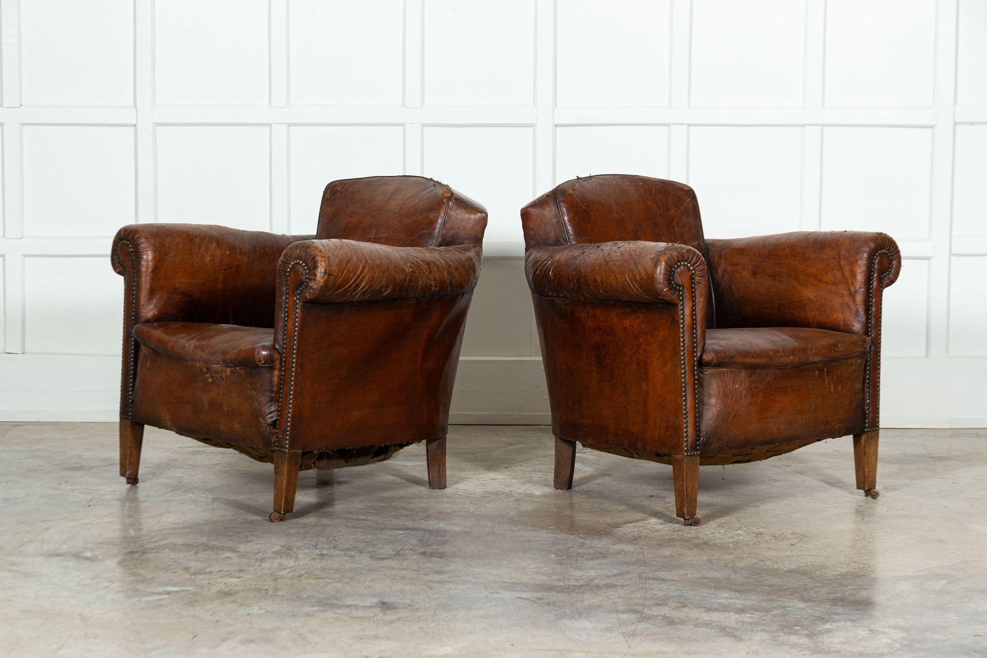 Pair French Sprung Leather Club Armchairs In Good Condition For Sale In Staffordshire, GB