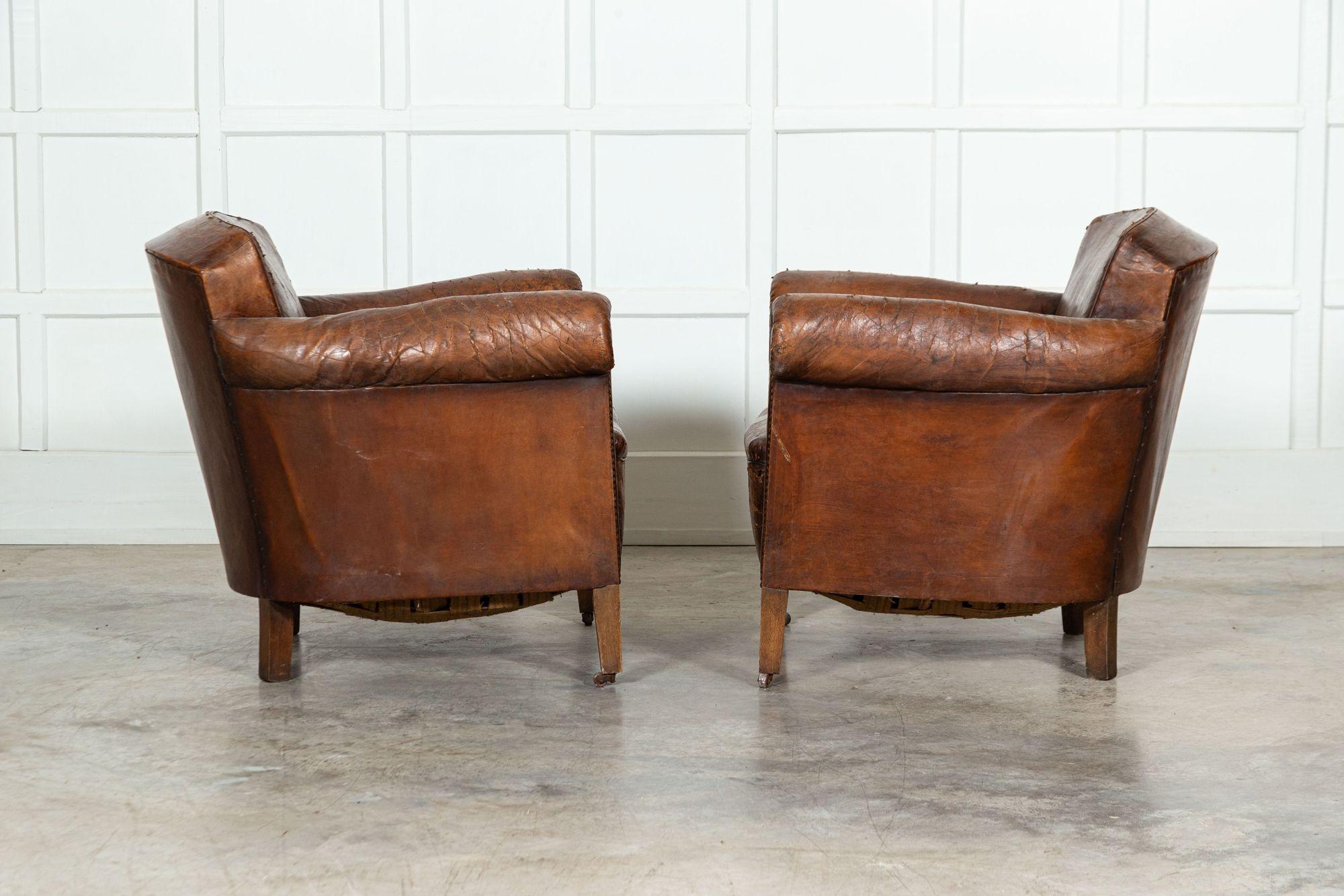 20th Century Pair French Sprung Leather Club Armchairs For Sale