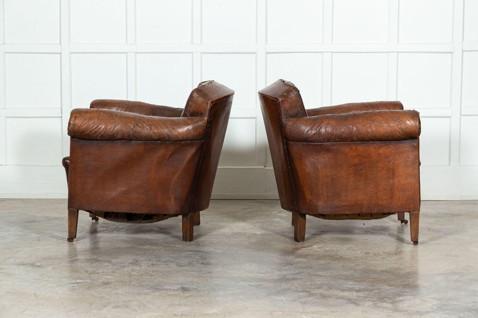 Pair French Sprung Leather Club Armchairs For Sale 1