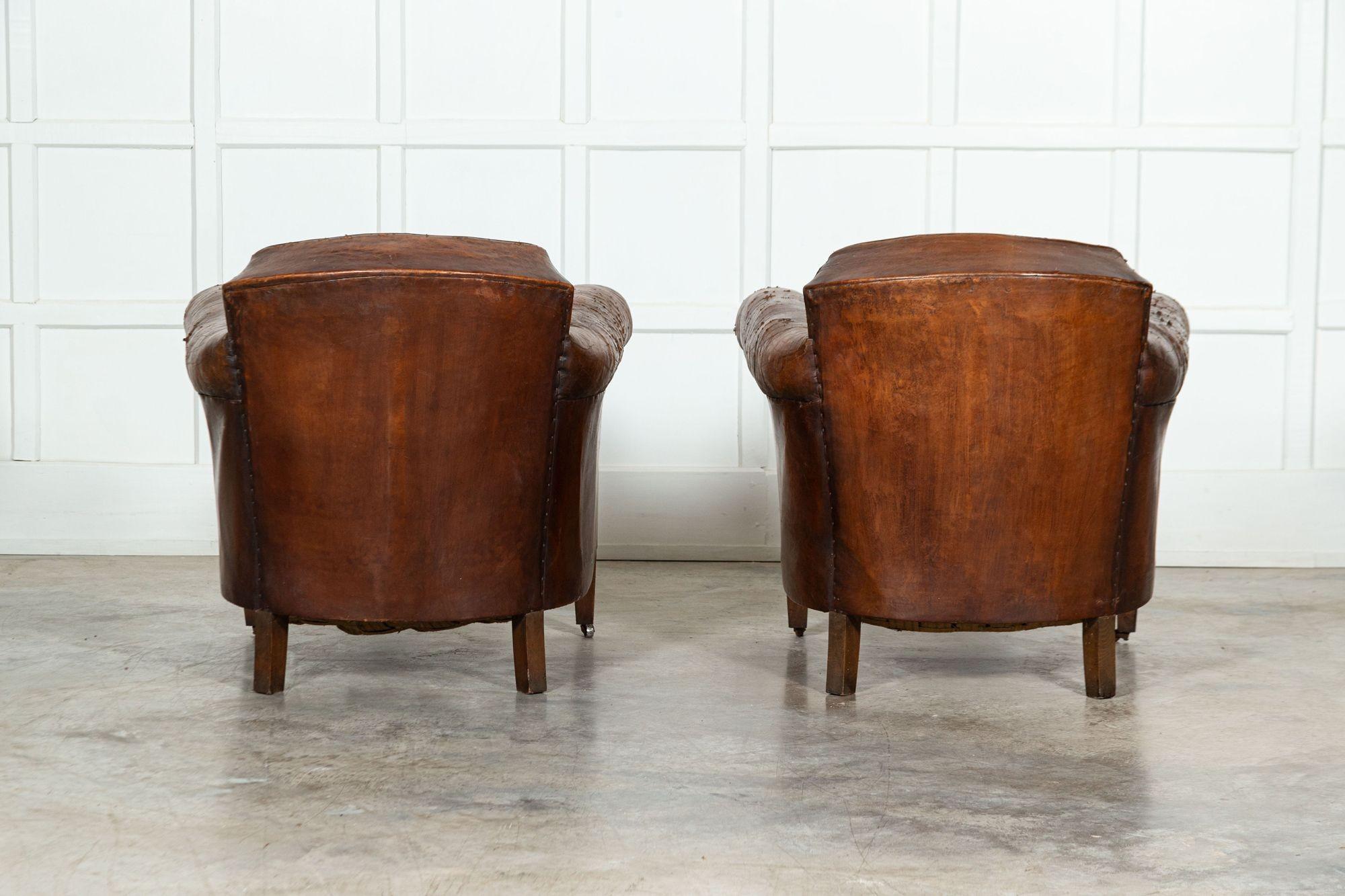 Pair French Sprung Leather Club Armchairs For Sale 2