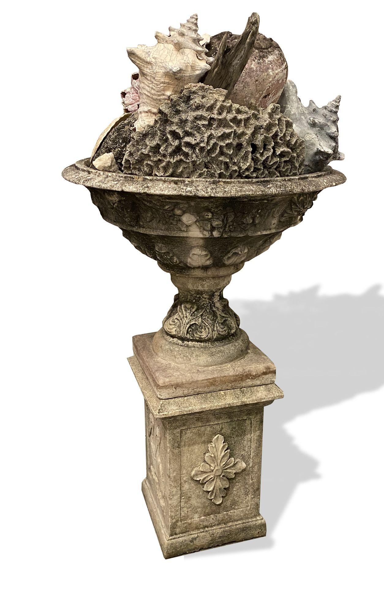 Pair French stone urns on pedestals. The Urns late 19th century. The pedestals early 20th century. Filled with shells, corals, and sea objects.