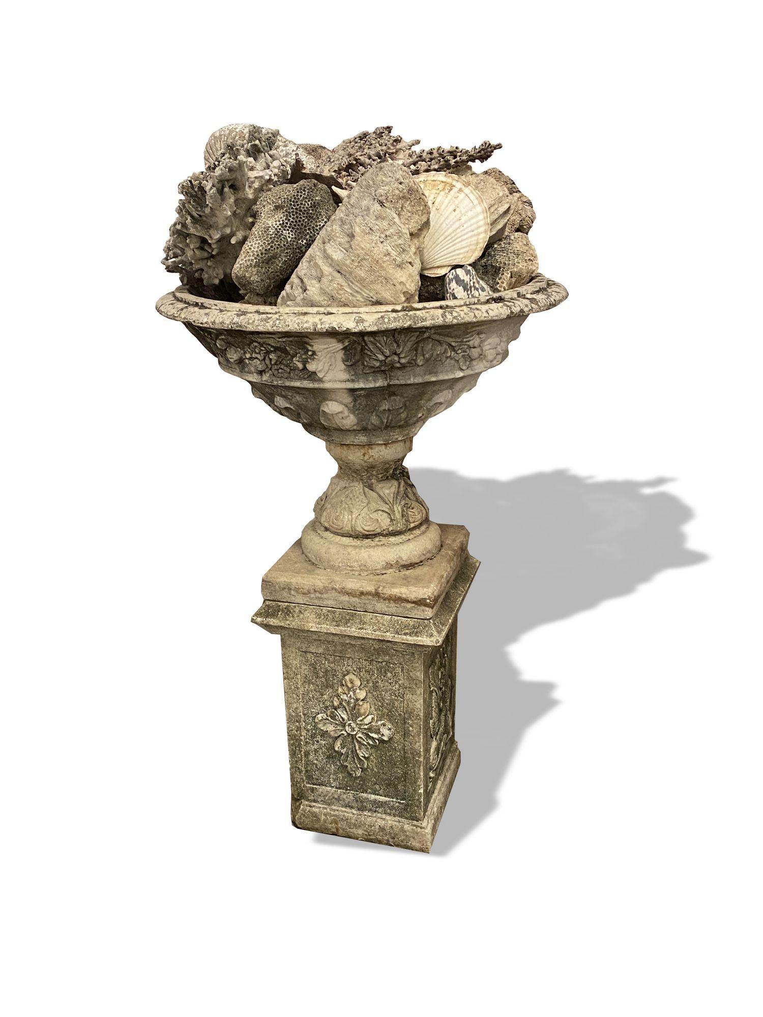 Pair French Stone Urns on Pedestals In Good Condition In Hollywood, FL