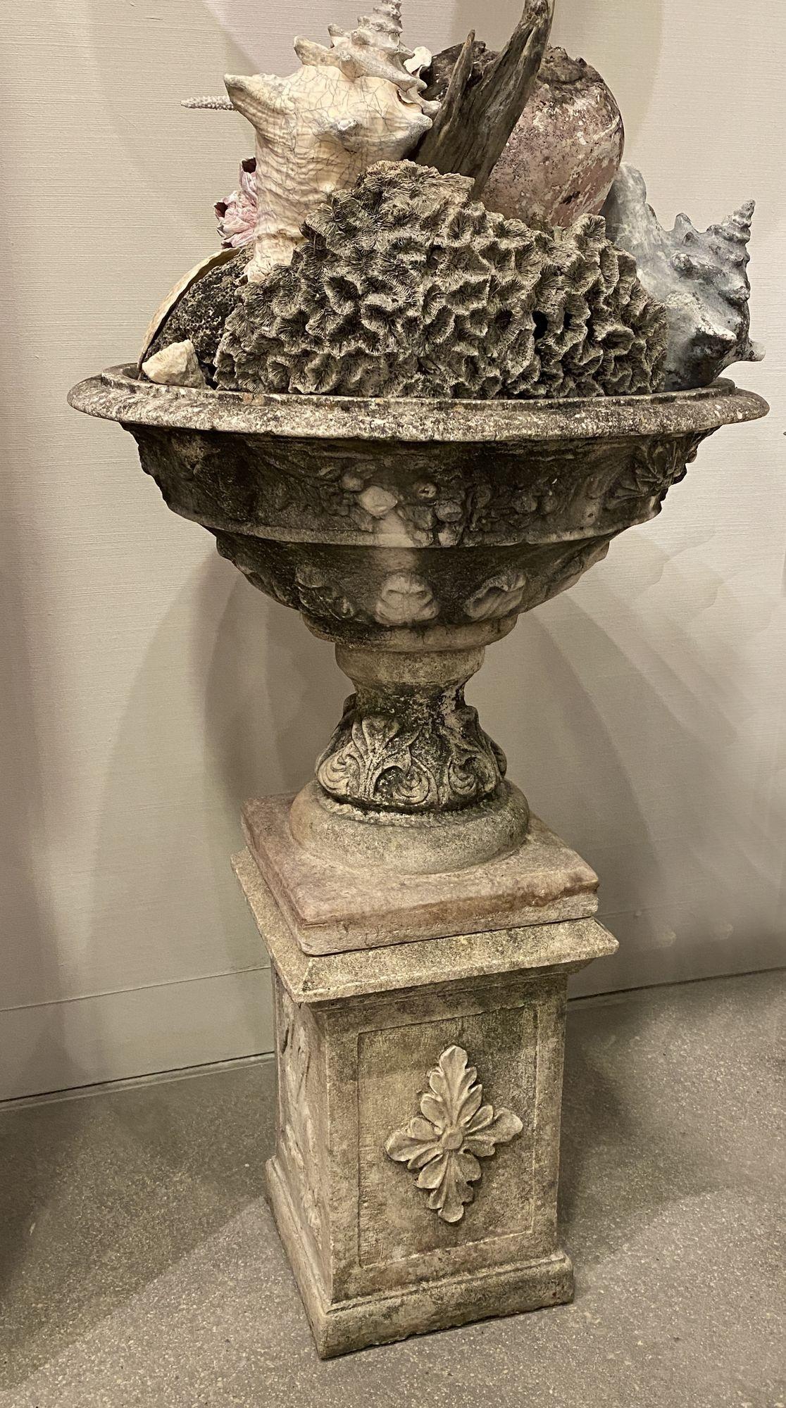 Shell Pair French Stone Urns on Pedestals