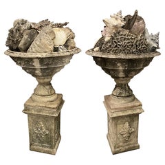 Pair French Stone Urns on Pedestals