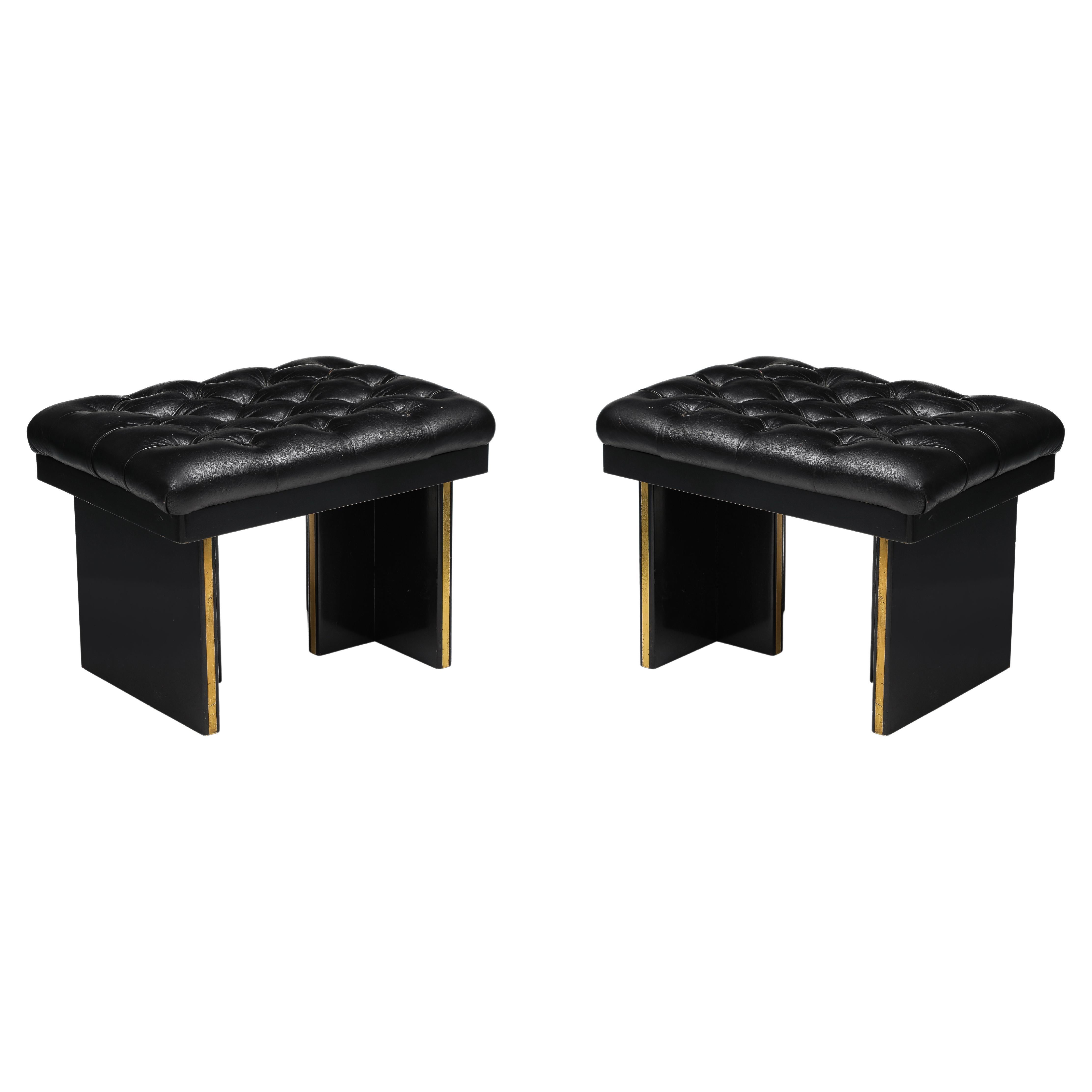 Pair French Stools in Black Imitation Leather For Sale
