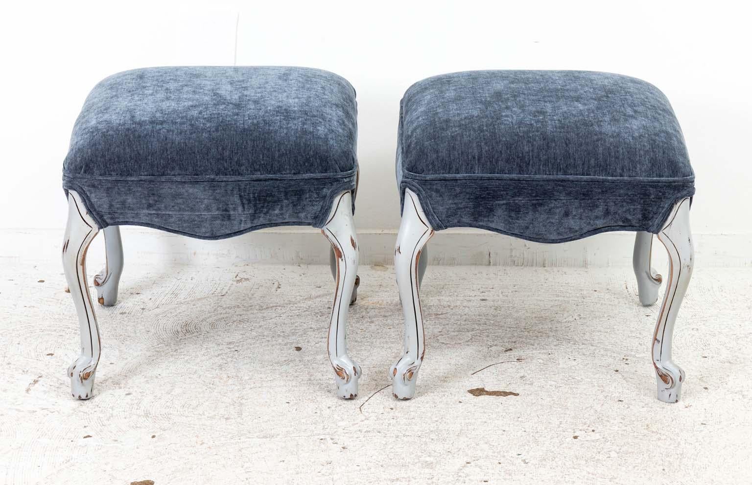 Pair French Style Benches with painted distressed finish. Newly upholstered.