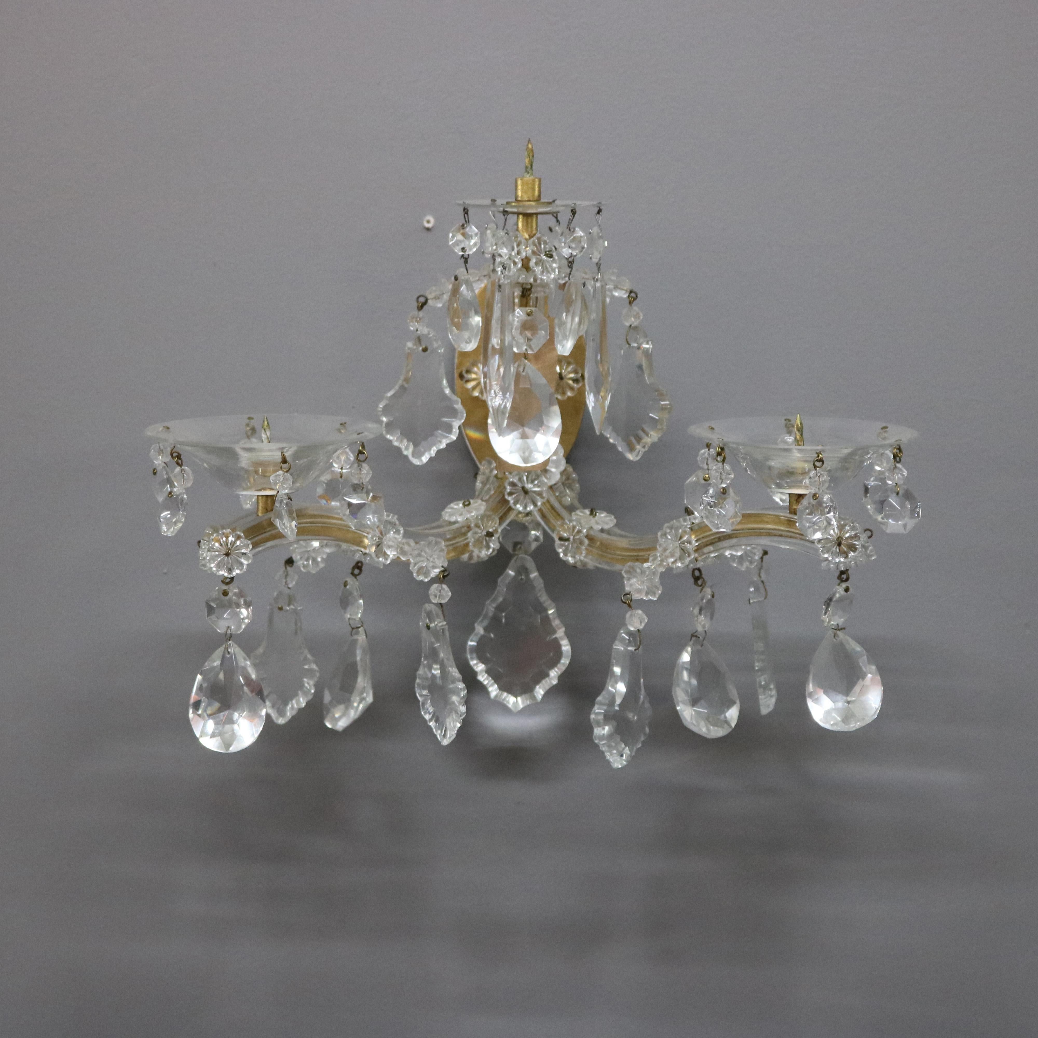 20th Century Pair of French Style Brass & Crystal Candle Wall Sconces, circa 1940