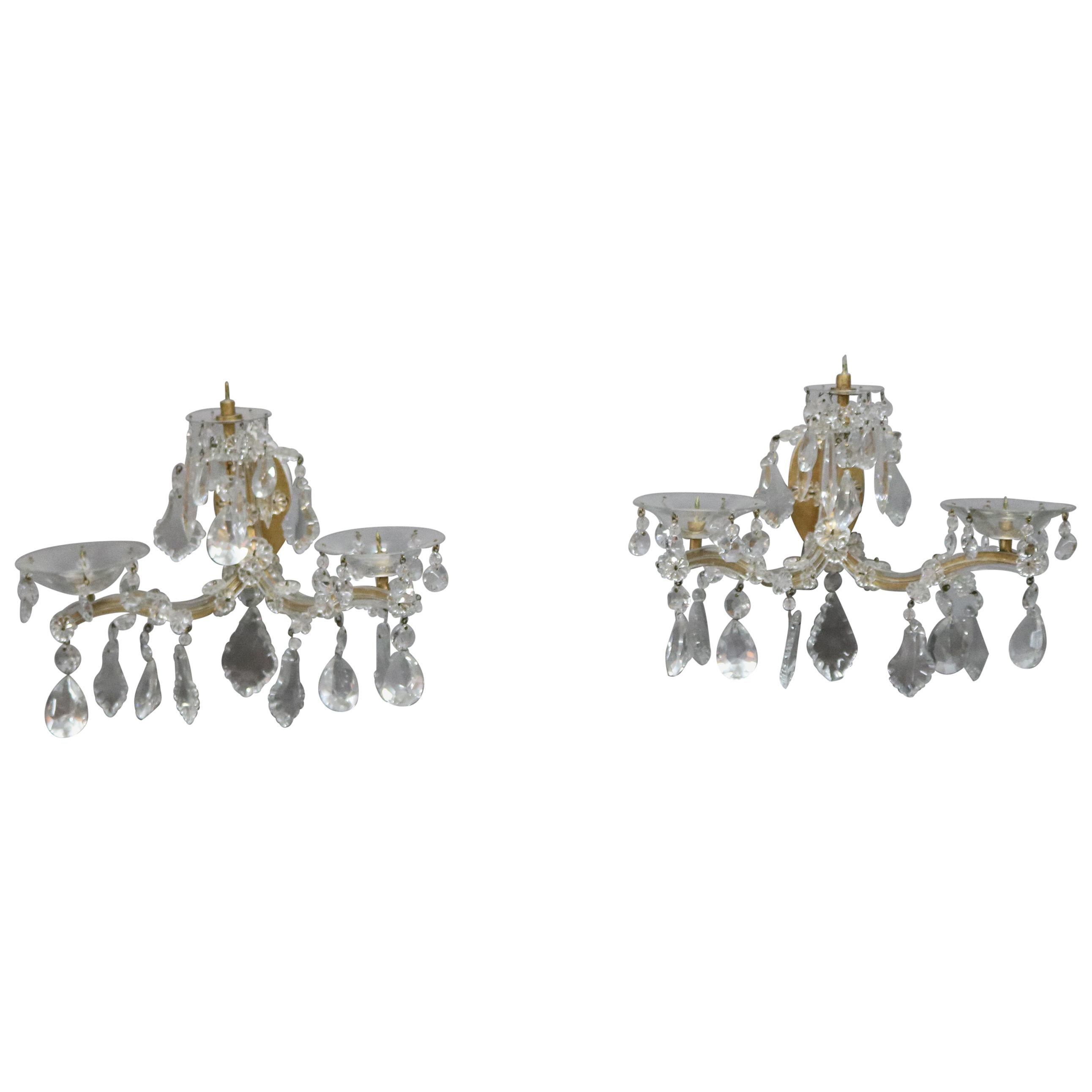 Pair of French Style Brass & Crystal Candle Wall Sconces, circa 1940