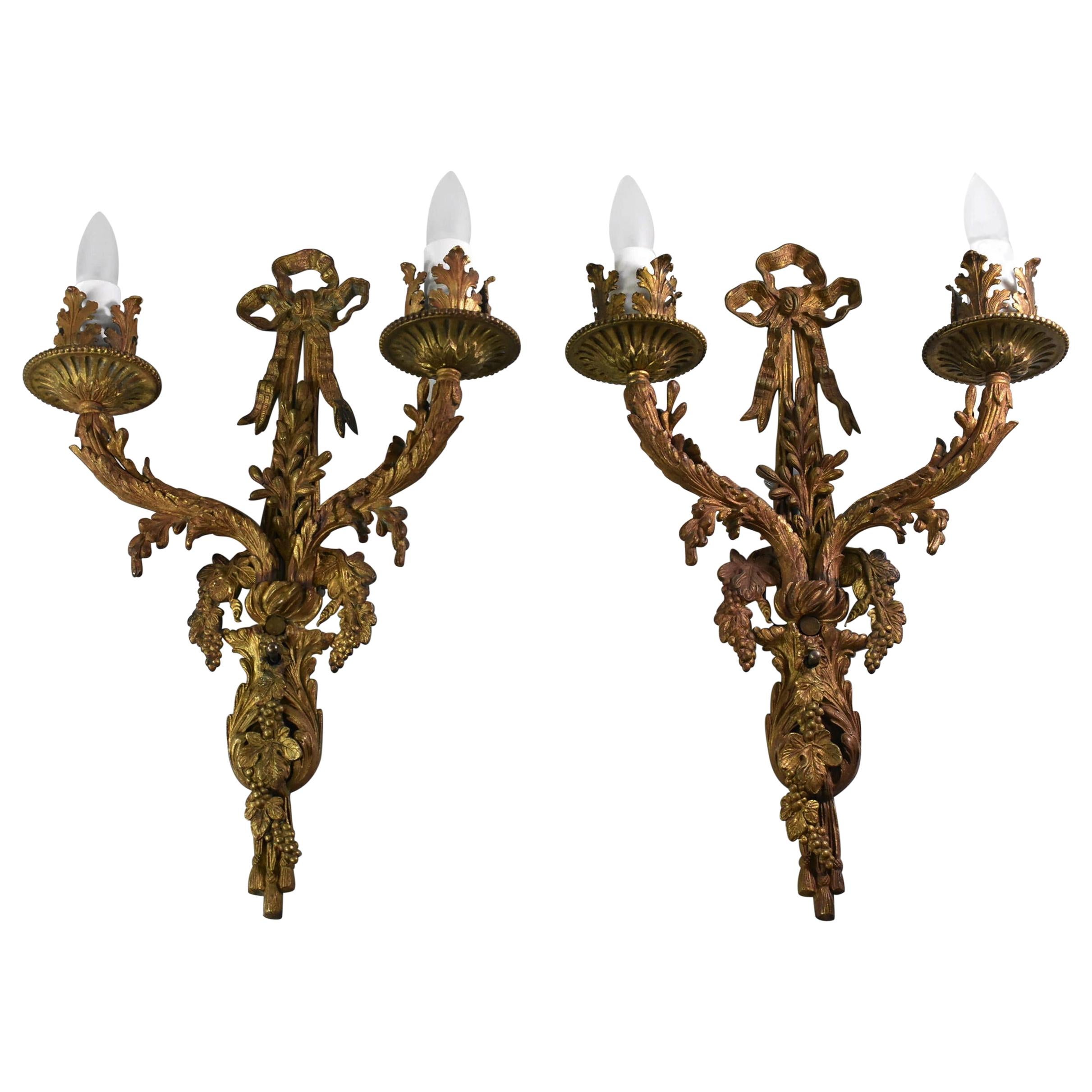 Pair of French Style Bronze Wall Sconces Grape Cluster Details For Sale