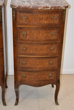 Pair of French Style Lingerie Five-Drawer Walnut Chests with Marble Tops