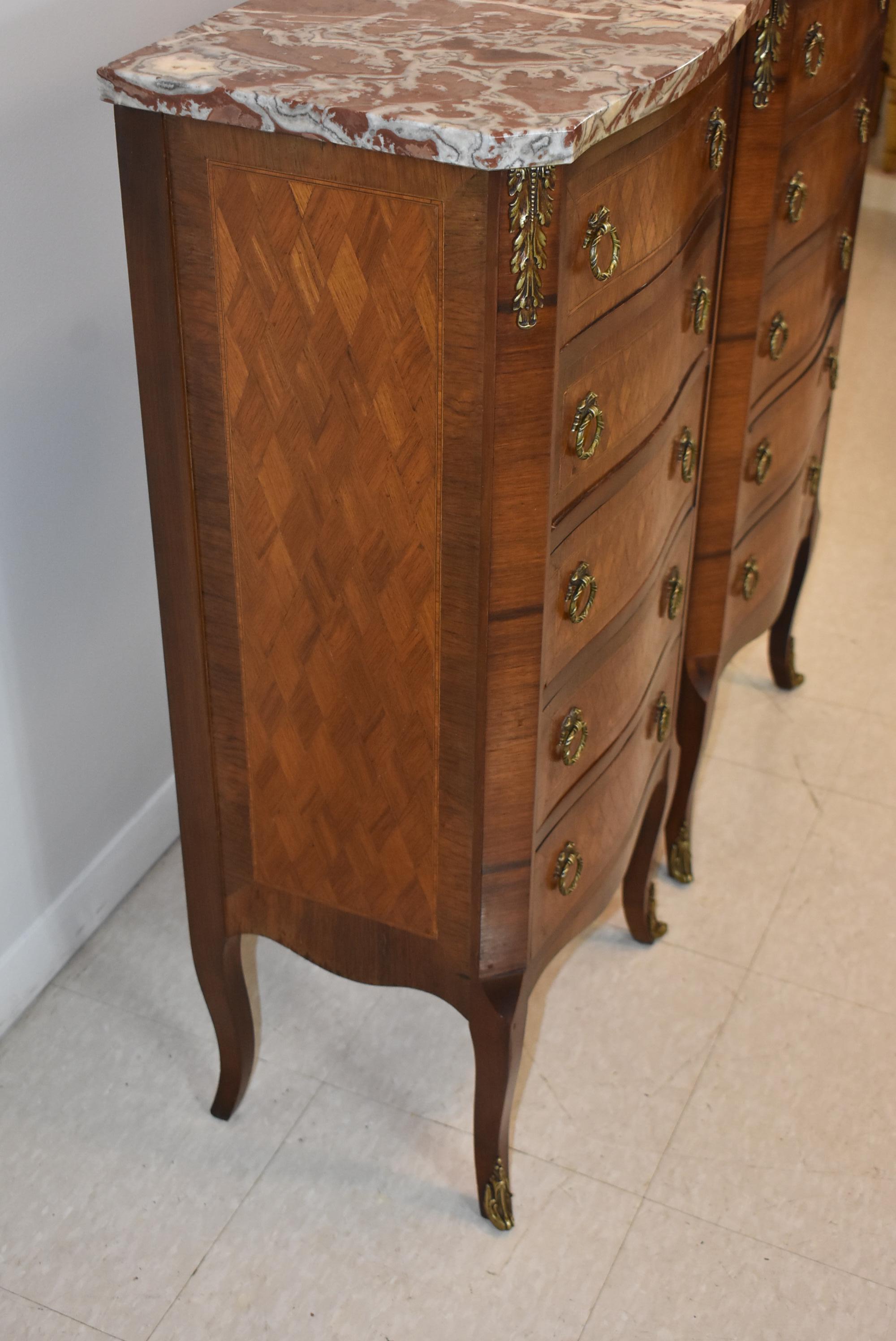 Art Nouveau Pair of French Style Lingerie Five-Drawer Walnut Chests with Marble Tops