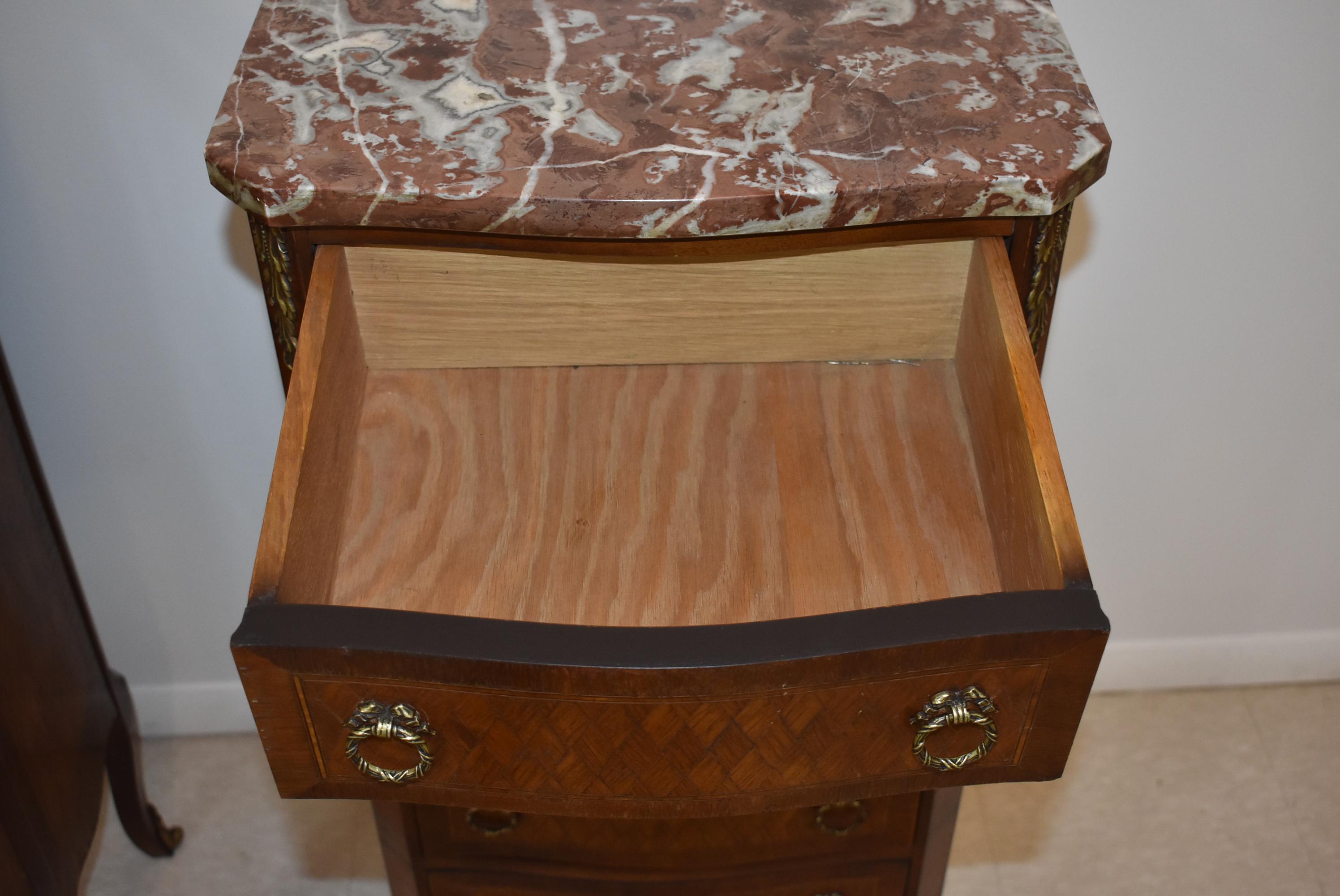 Pair of French Style Lingerie Five-Drawer Walnut Chests with Marble Tops In Good Condition In Toledo, OH