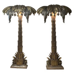 Pair French Style Maison Jansen Palm Tree Gold Silver Gilt Floor Wall Sconces