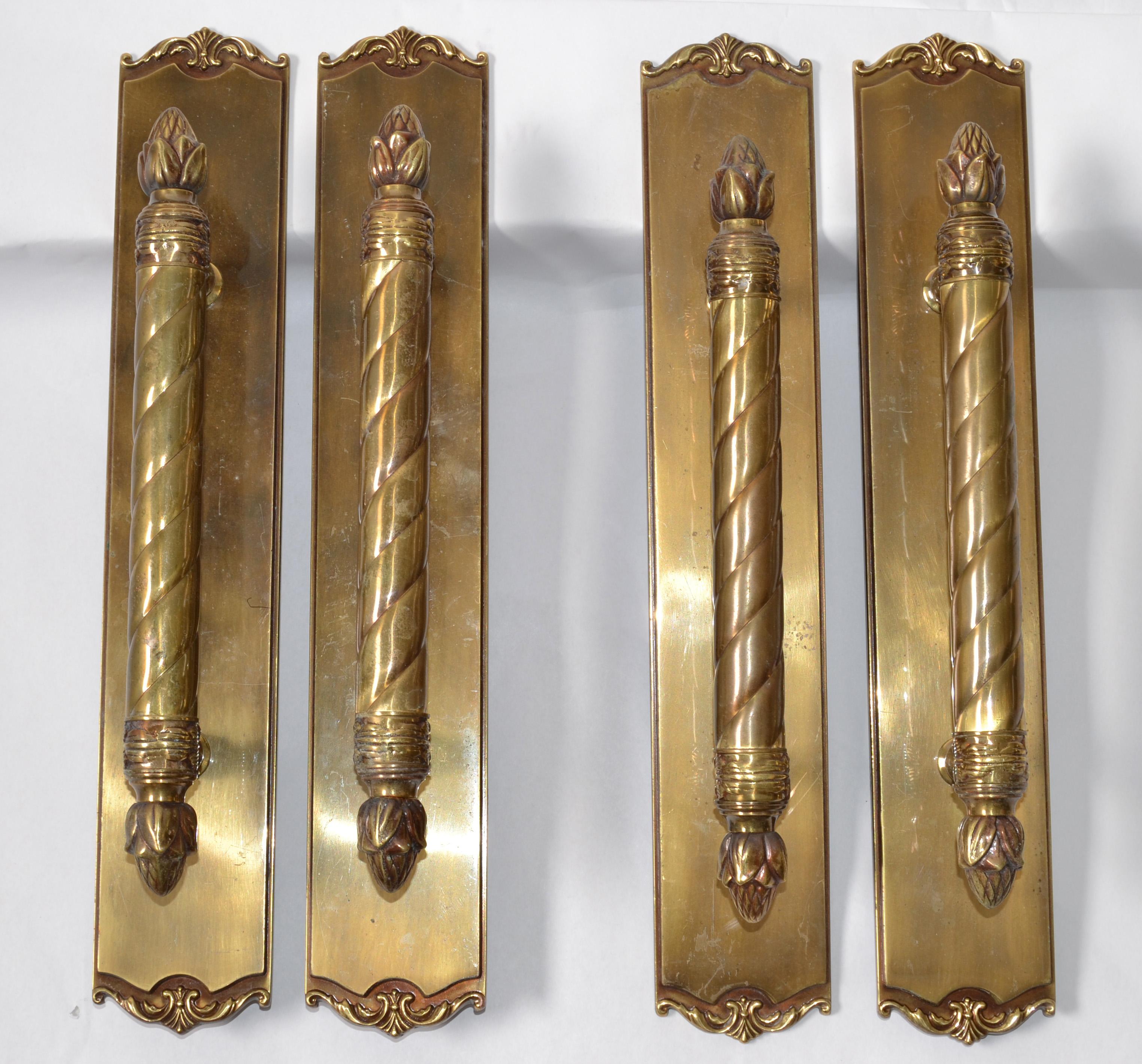 Pair French Style Neoclassical Ornate 17 Inches Brass Door Hardware Handles  In Good Condition In Miami, FL