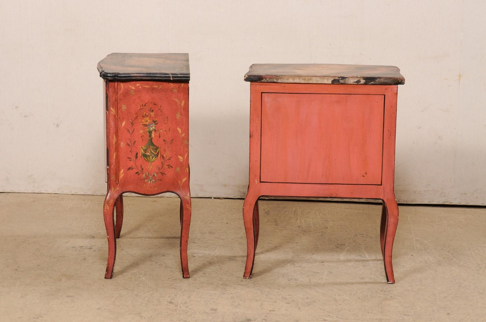 Pair French-Style Shapely Side Chests with a Hand Painted Urn & Wreath Motif For Sale 4