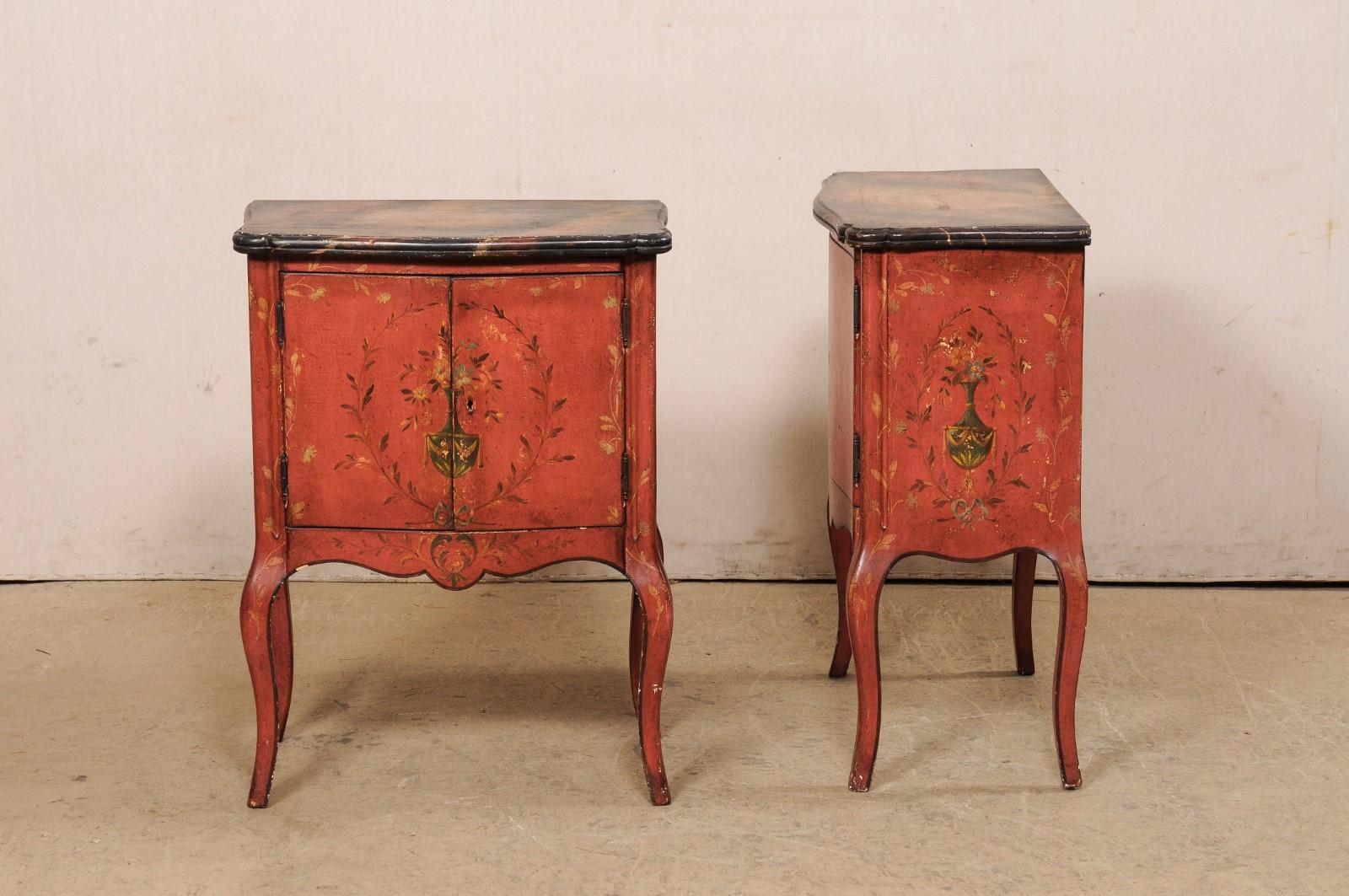 Pair French-Style Shapely Side Chests with a Hand Painted Urn & Wreath Motif For Sale 5