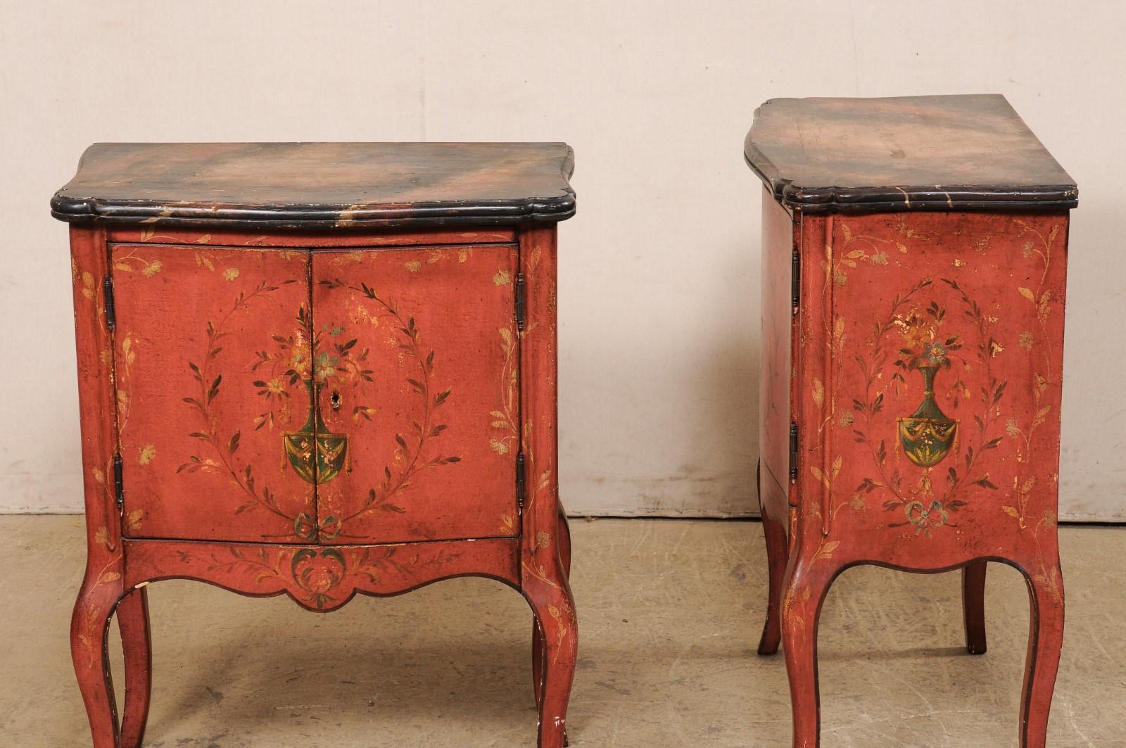 Pair French-Style Shapely Side Chests with a Hand Painted Urn & Wreath Motif For Sale 6