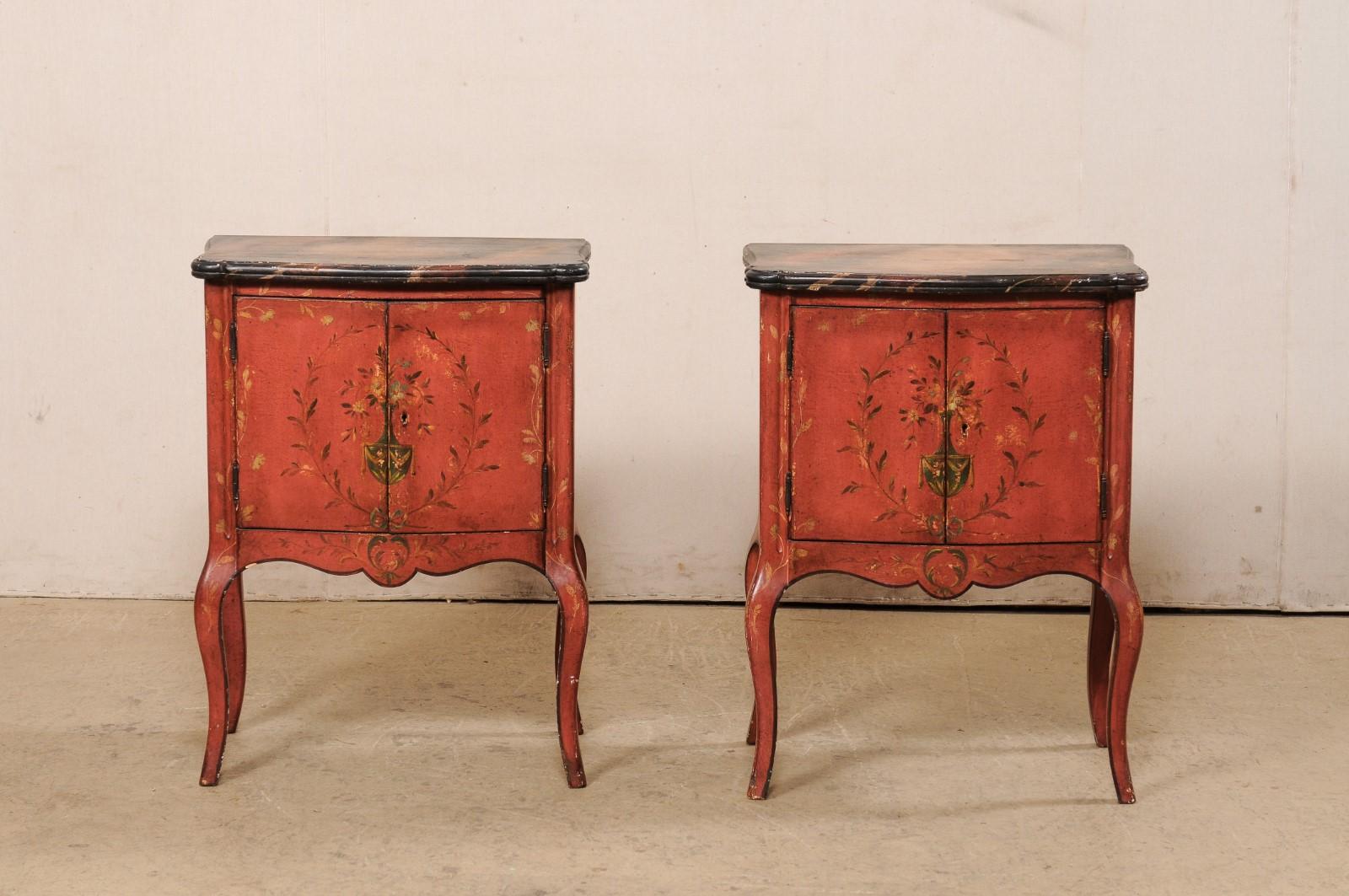 American Pair French-Style Shapely Side Chests with a Hand Painted Urn & Wreath Motif For Sale