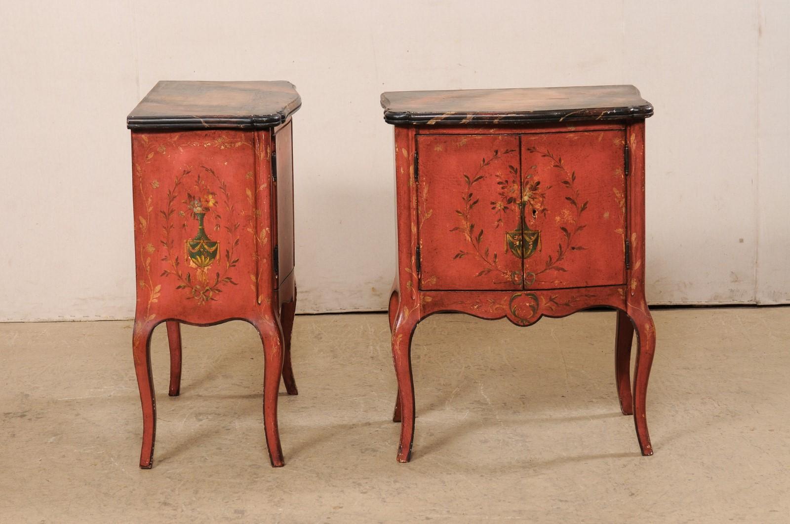 Pair French-Style Shapely Side Chests with a Hand Painted Urn & Wreath Motif For Sale 2