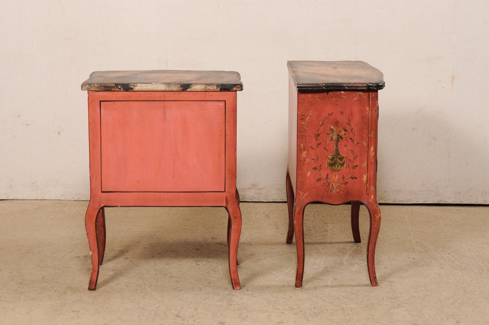Pair French-Style Shapely Side Chests with a Hand Painted Urn & Wreath Motif For Sale 3