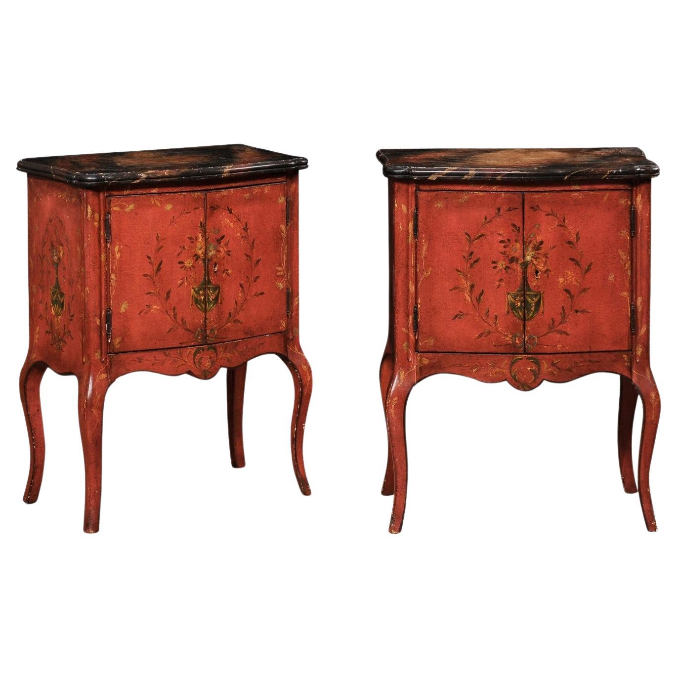 Pair French-Style Shapely Side Chests with a Hand Painted Urn & Wreath Motif For Sale