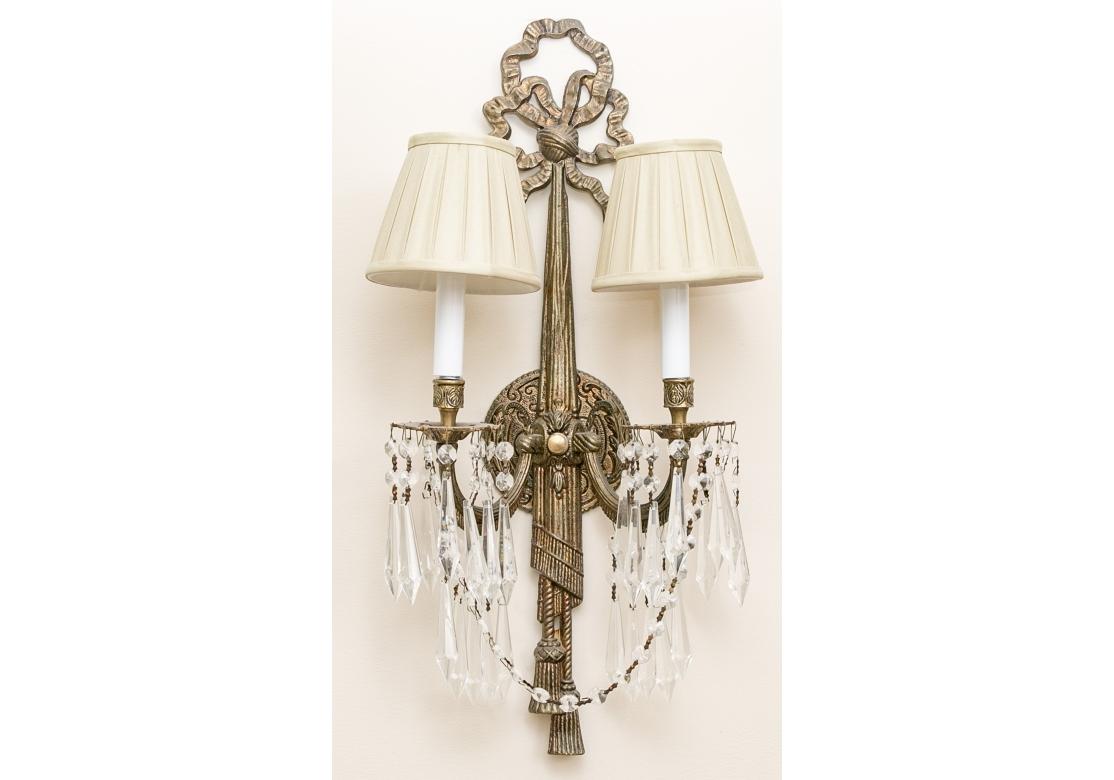 Pair French Style Tassel And Bow Form Two Light Wall Sconces With Silk Shades im Angebot 5