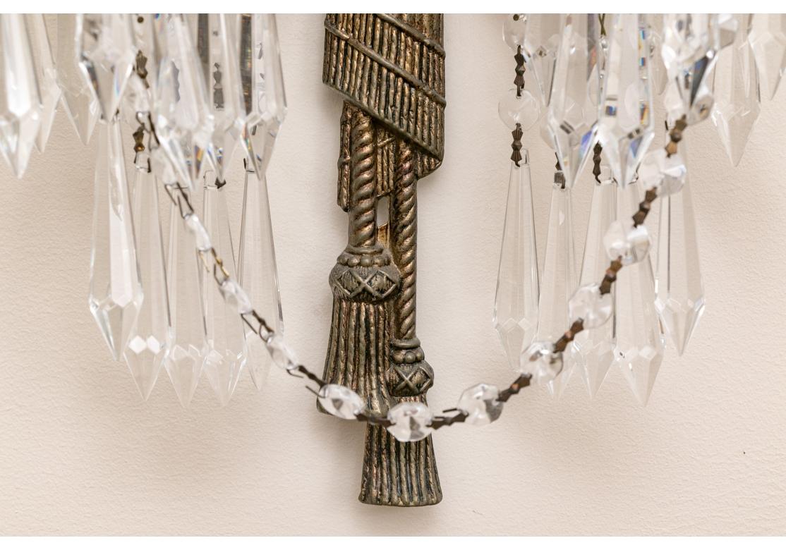 Pair French Style Tassel And Bow Form Two Light Wall Sconces With Silk Shades (Metall) im Angebot