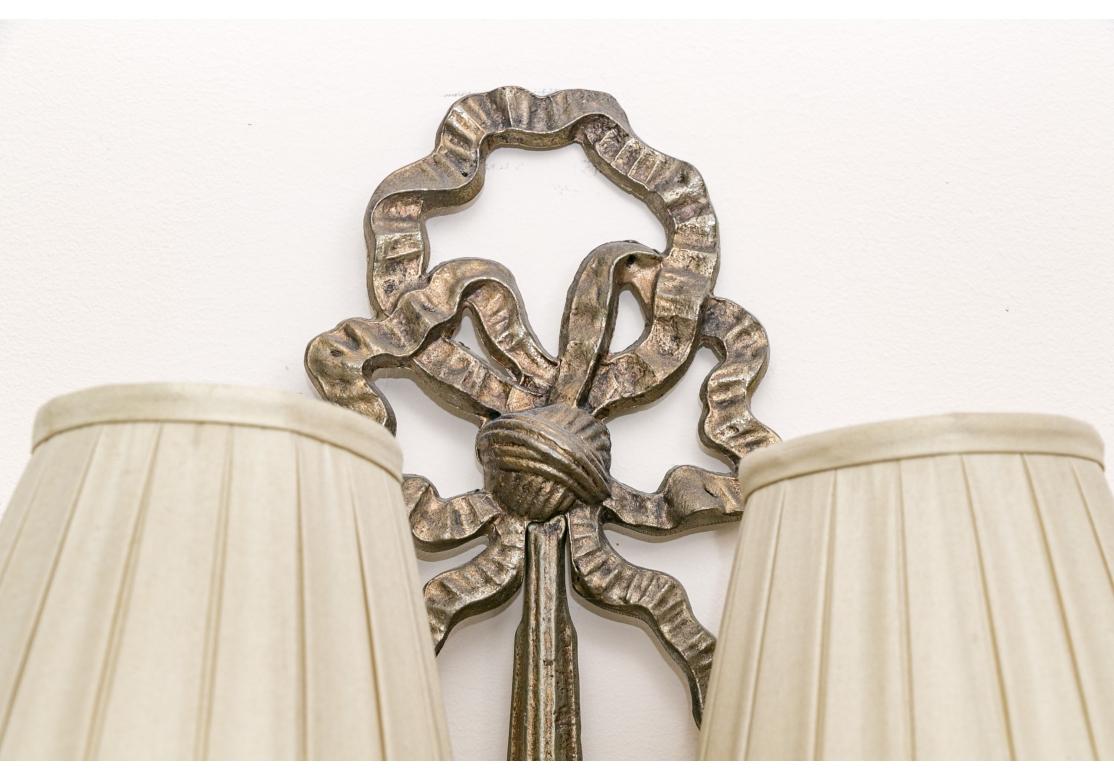 Pair French Style Tassel And Bow Form Two Light Wall Sconces With Silk Shades im Angebot 1