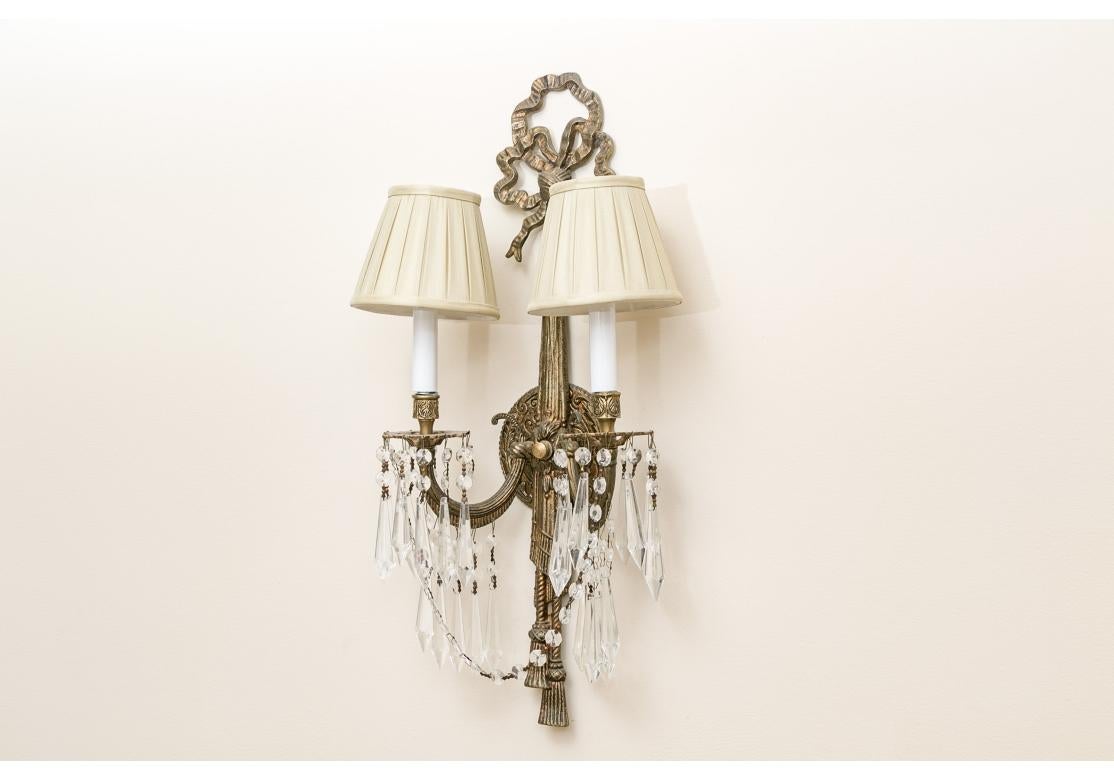 Pair French Style Tassel And Bow Form Two Light Wall Sconces With Silk Shades im Angebot 2