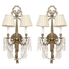 Pair French Style Tassel And Bow Form Two Light Wall Sconces With Silk Shades