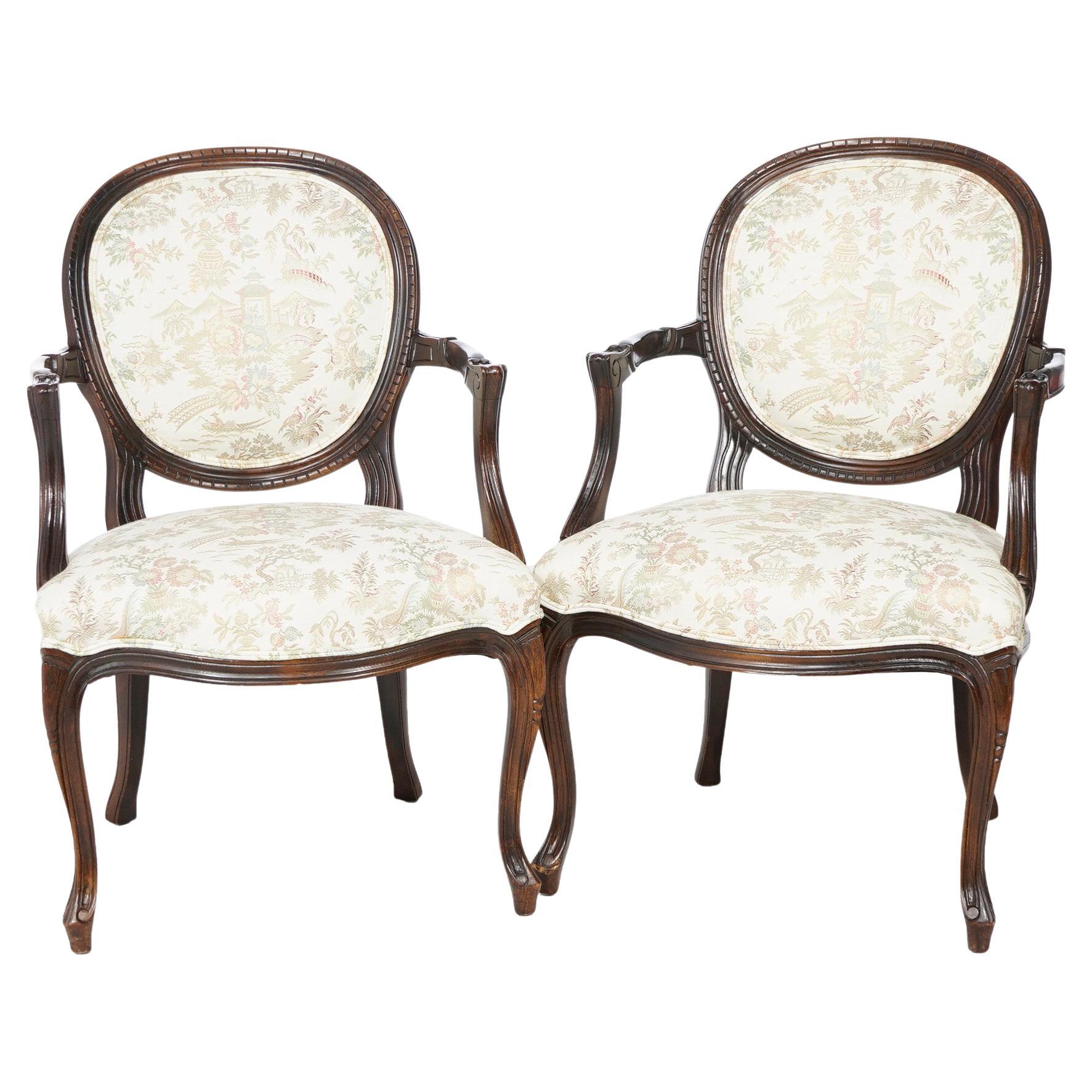 Pair French Style Upholstered Mahogany Arm Chairs 20th C