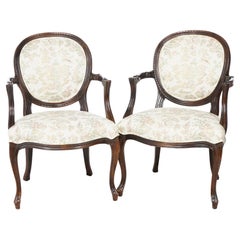 Pair French Style Upholstered Mahogany Arm Chairs 20th C