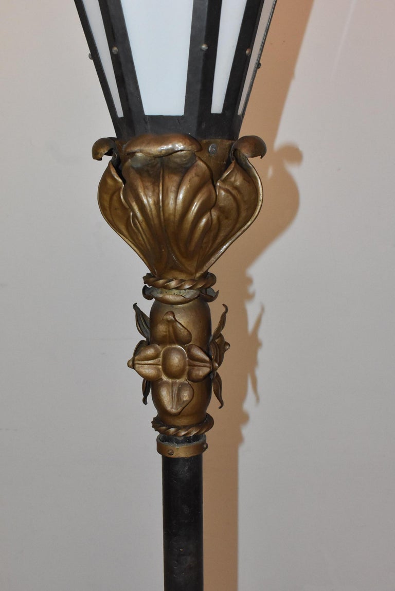 Pair of French Style Wrought Iron and Brass Street Lamps For Sale at