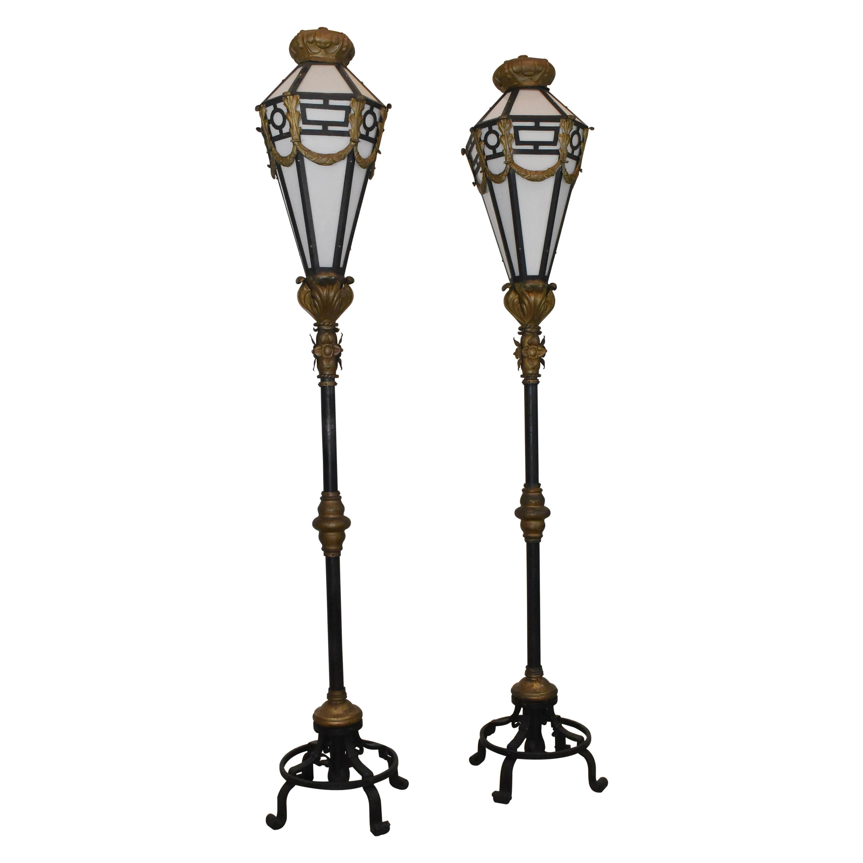 Pair of French Style Wrought Iron and Brass Street Lamps For Sale