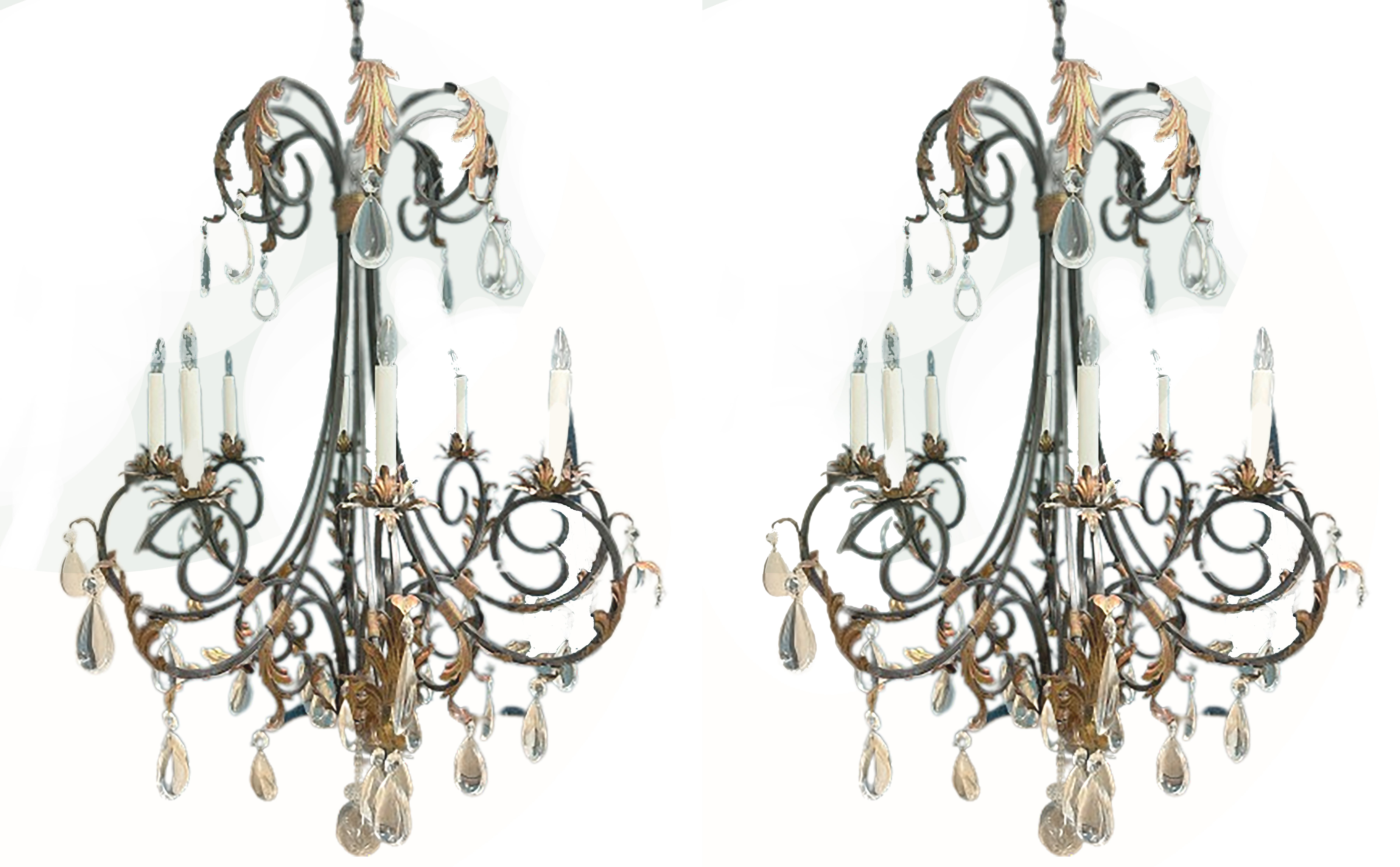 Pair French Style Wrought Iron Chandeliers with Gilt Acanthus Leaves