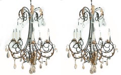 Pair French Style Wrought Iron Chandeliers with Gilt Acanthus Leaves