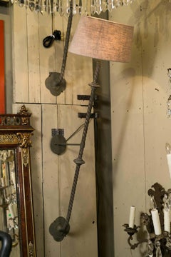 Pair French Tall Twisted Bronze Wall Sconces with Linen Shades, circa 1880