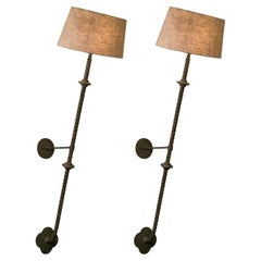 Antique Pair French Tall Twisted Bronze Wall Sconces with Linen Shades, circa 1880