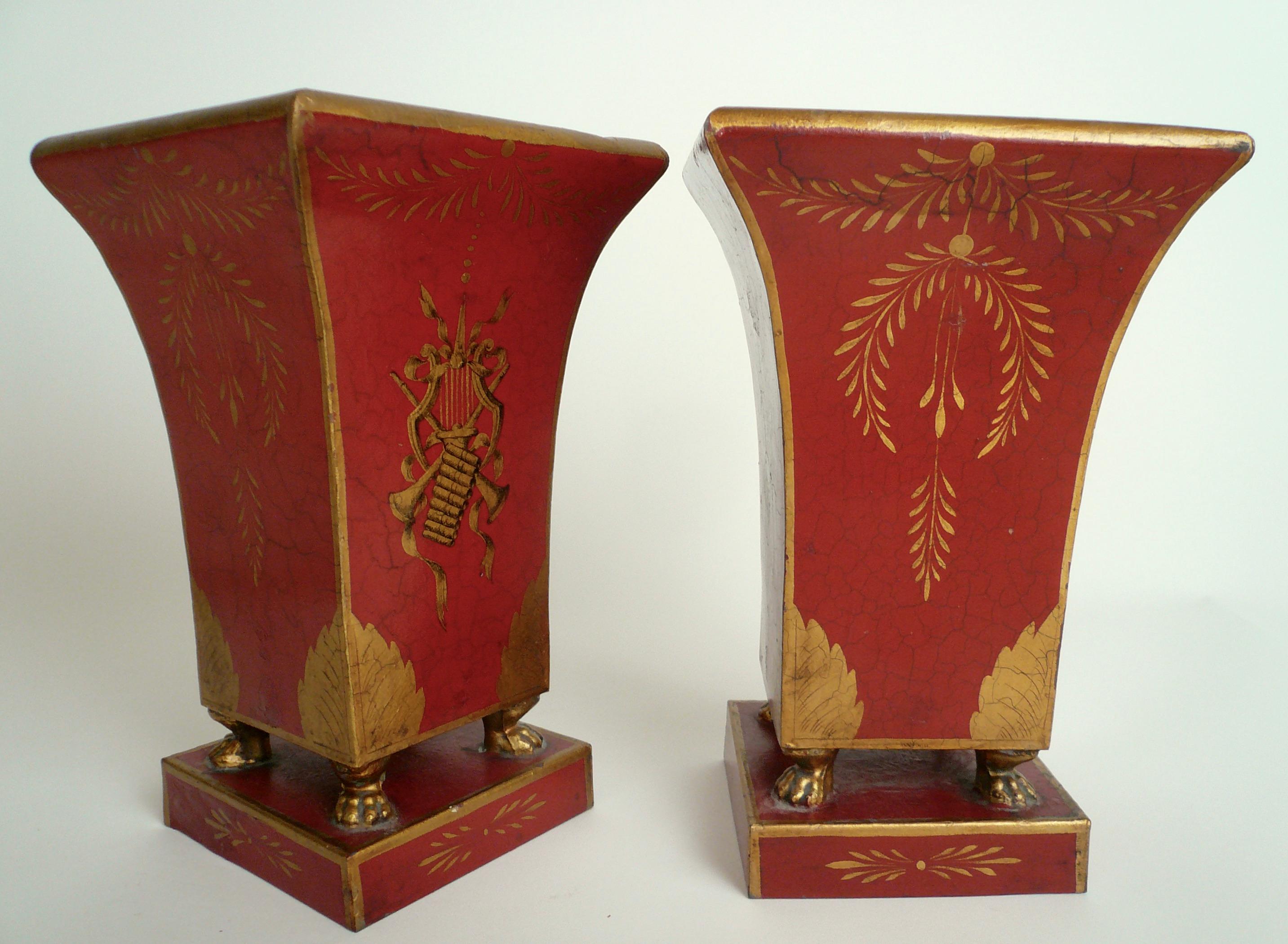 20th Century Pair French Tole Painted Neo-Classical Style Urns For Sale