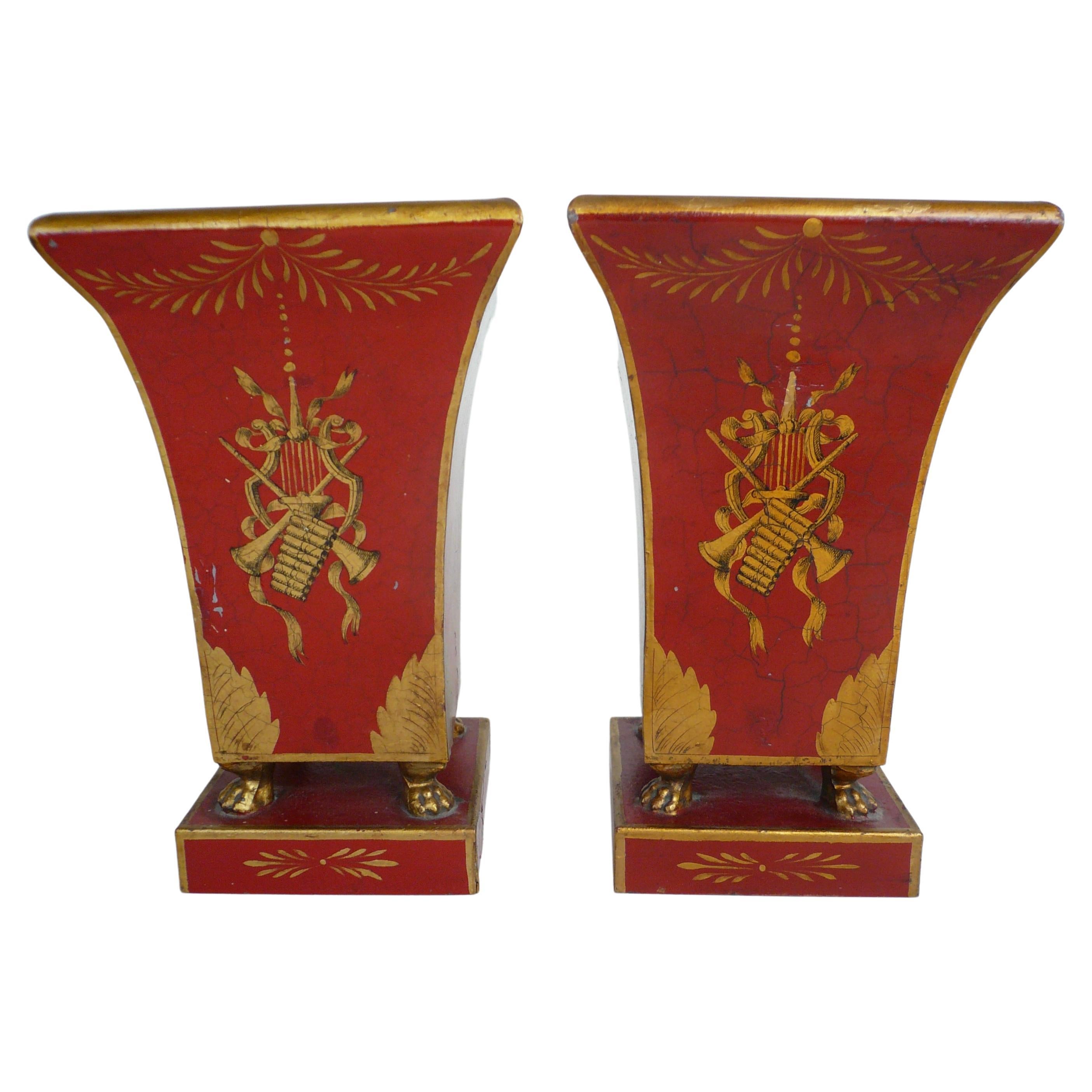 Pair French Tole Painted Neo-Classical Style Urns For Sale