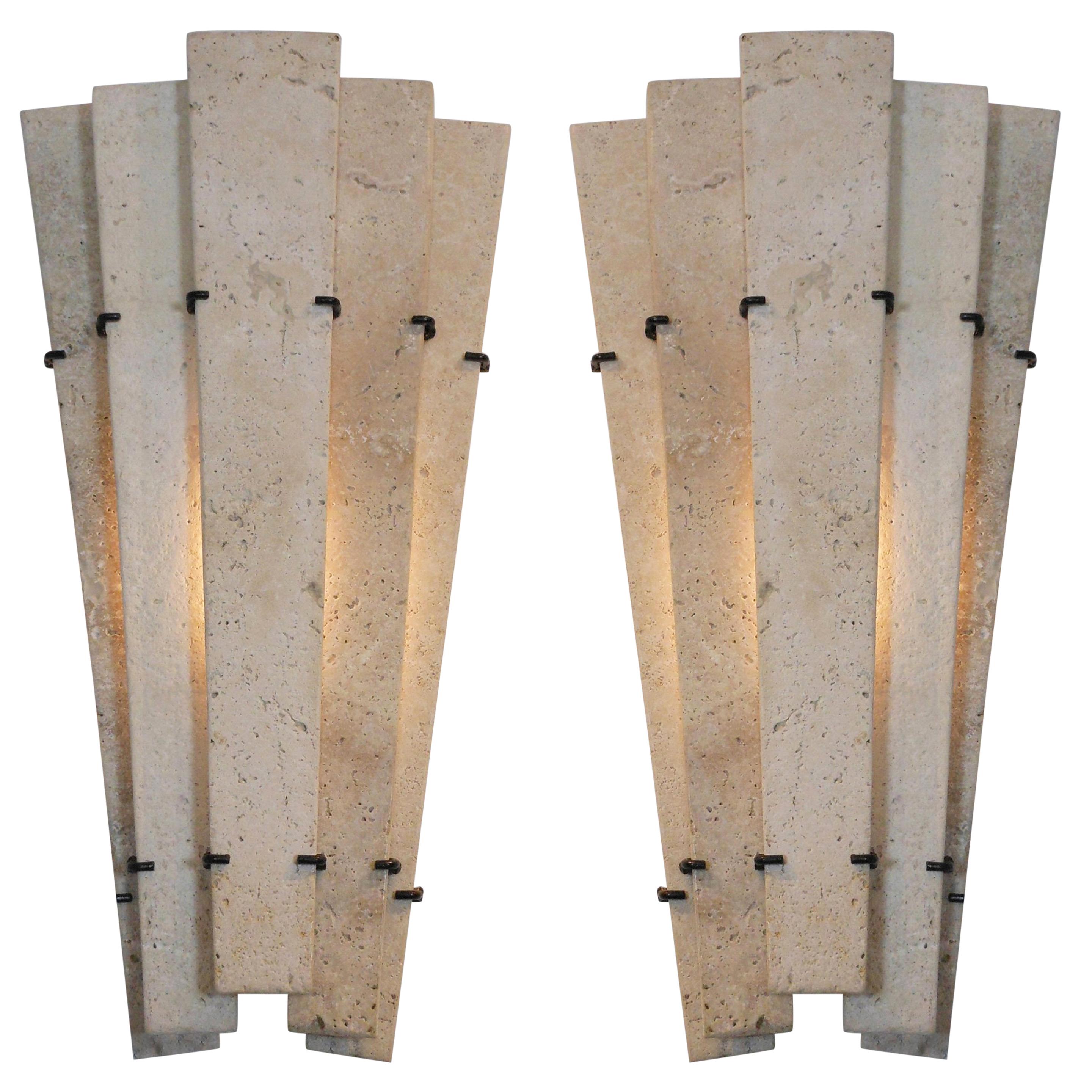 Pair French Travertine Marble Sconces