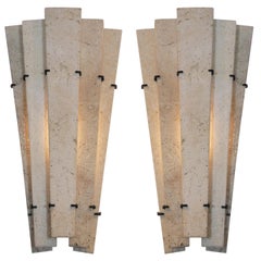 Vintage Pair French Travertine Marble Sconces