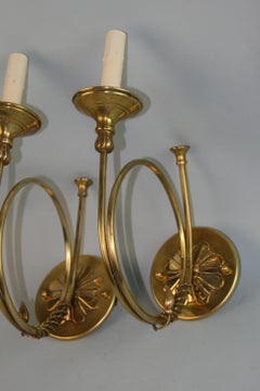 Pair of Antique French Trumpet Sconces, Brass, Hardwired, 1950s