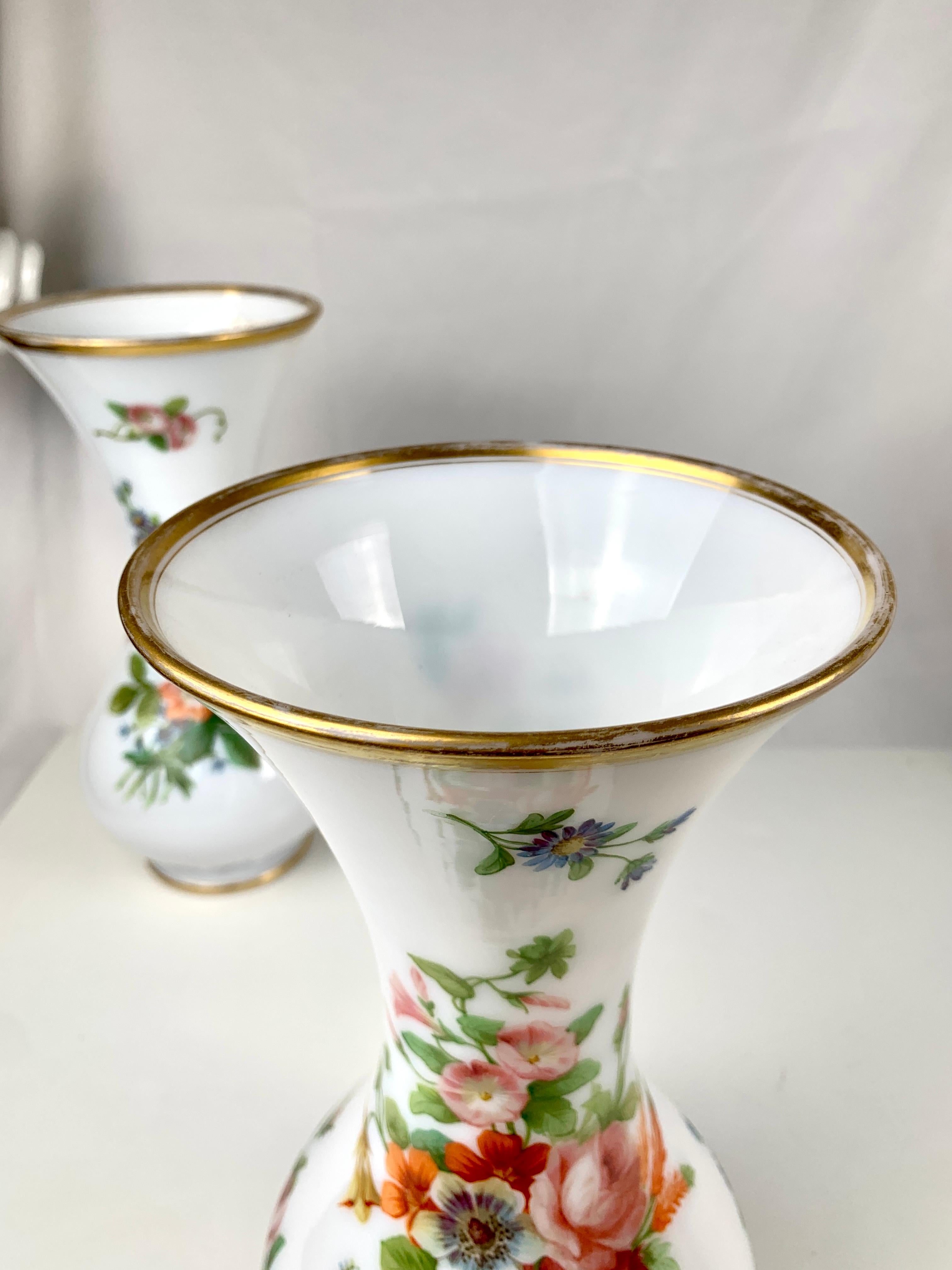 19th Century Pair French Vases Opaline Glass Hand Painted, circa 1835 For Sale